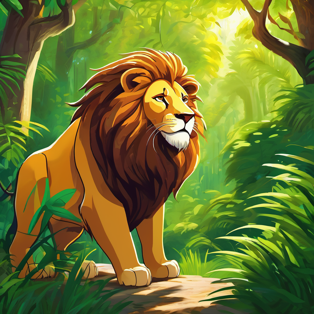 Once upon a time, in a lush green jungle, lived a mighty lion named Leo. Leo was known far and wide for his strength and power. All the animals feared him and kept their distance. But, despite being so strong, the lion was often lonely and longed for company. One warm sunny day, Leo took a nap under a tall oak tree. As he slept, a tiny mouse named Molly adventurously scurried by, accidentally waking up the lion with her tiny paws. Annoyed, Leo roared and attempted to catch Molly with his enormous paw.