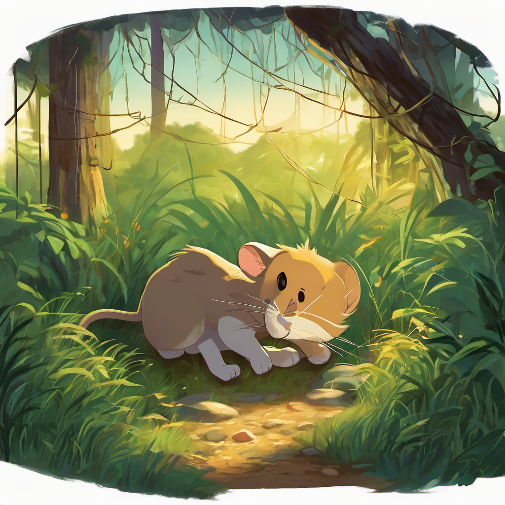 Days passed, and Leo forgot all about the tiny mouse and their encounter. One day, while walking through the dense forest, the lion accidentally stepped into a hidden trap set by hunters. He roared in pain, unable to free himself from the snare. Hearing the distressful sound, Molly rushed to the scene. She saw Leo trapped and in pain, tears filling his eyes. Realizing this was her chance to fulfill her promise, the brave little mouse got to work. With all her might, she gnawed through the thick ropes of the trap until Leo was finally free.