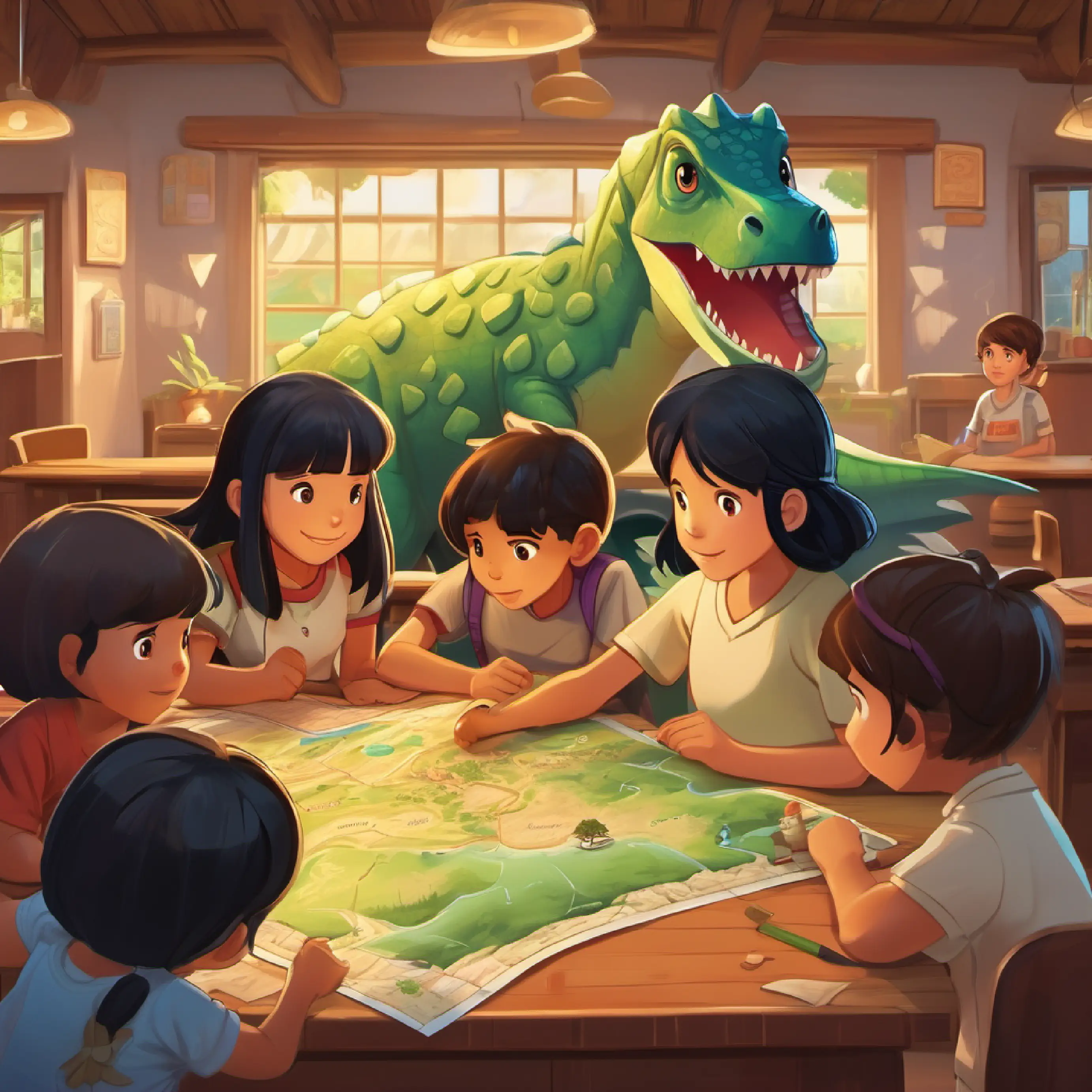 Classroom, Black hair, brown eyes, always wearing a dinosaur T-shirt and friends find a mysterious map.