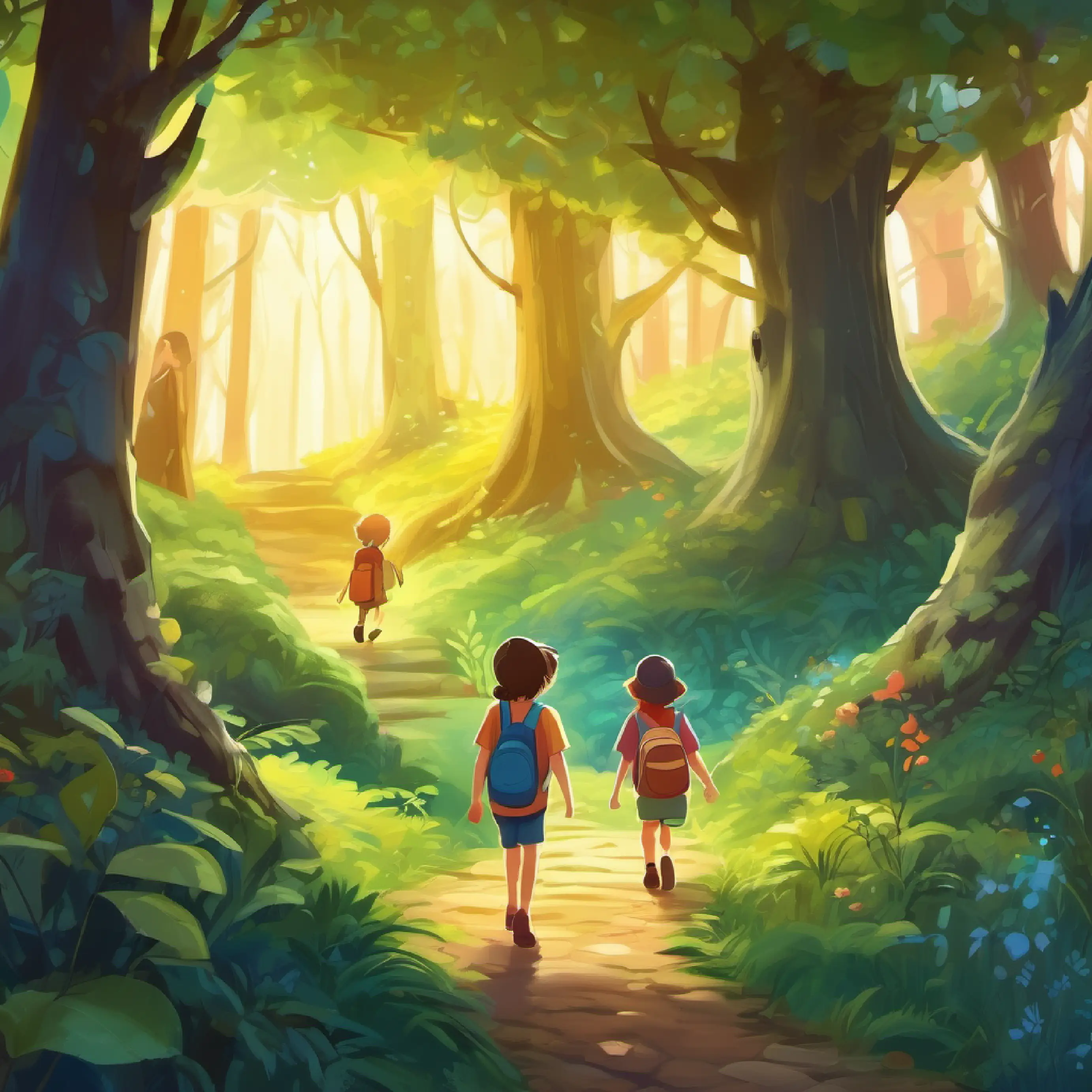 Children stepping into a magical forest from the map.