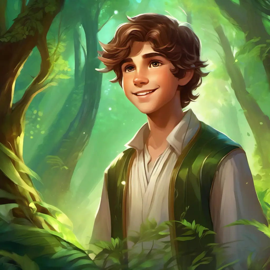 Curious boy with brown hair and bright brown eyes, always wearing a mischievous smile standing near a lush green forest, with a gentle breeze blowing through his hair, a mischievous smile on his face.