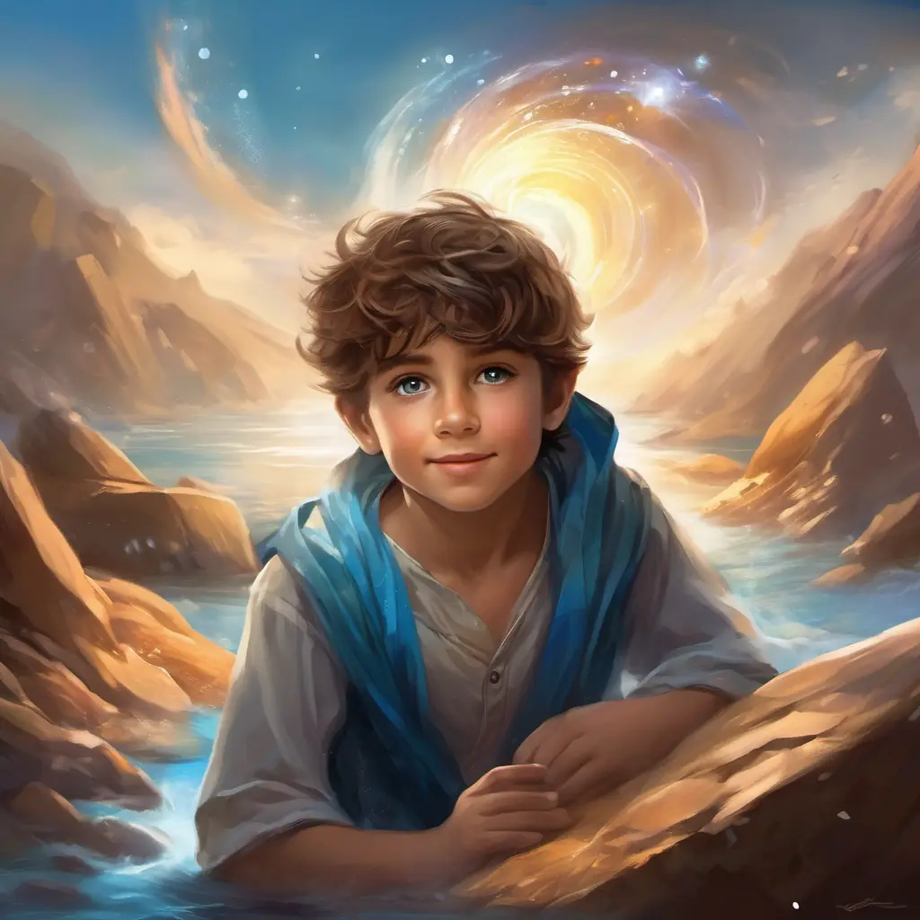 Curious boy with brown hair and bright brown eyes, always wearing a mischievous smile learning from Sturdy solid made of rocks, gray in color, and emanating strength, Graceful liquid made of water, blue in color, flowing with elegance, and Playful gas floating in the air, transparent, and always in motion, with a spark of excitement and wonder in his eyes.