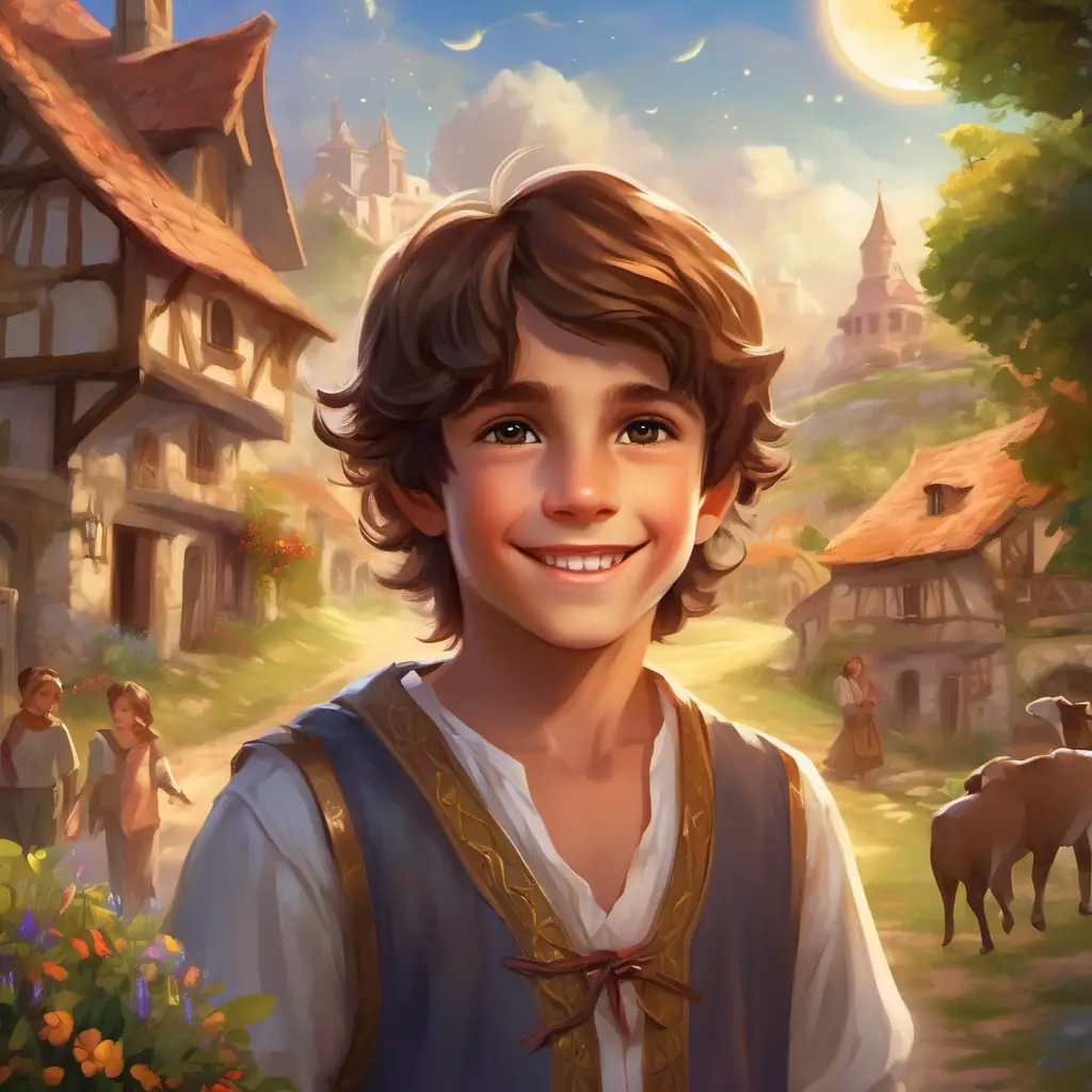 Curious boy with brown hair and bright brown eyes, always wearing a mischievous smile standing in the midst of the village, surrounded by grateful and happy villagers.