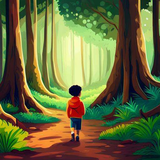 Curious boy with mixed heritage, wearing bright colors finding a hidden path in the forest