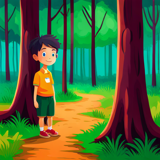 Curious boy with mixed heritage, wearing bright colors wishing for happiness and harmony in the enchanted forest