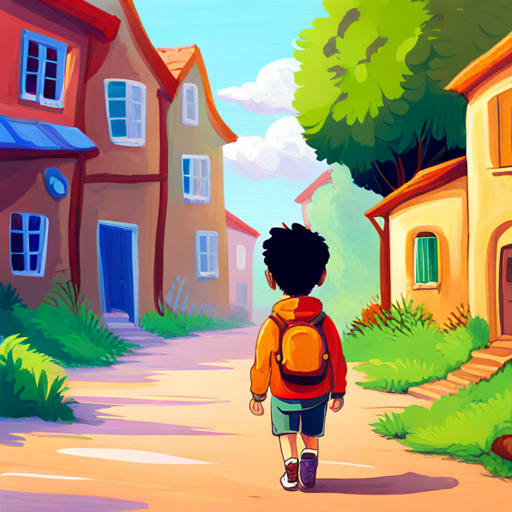 Curious boy with mixed heritage, wearing bright colors returning home with gratitude in his heart