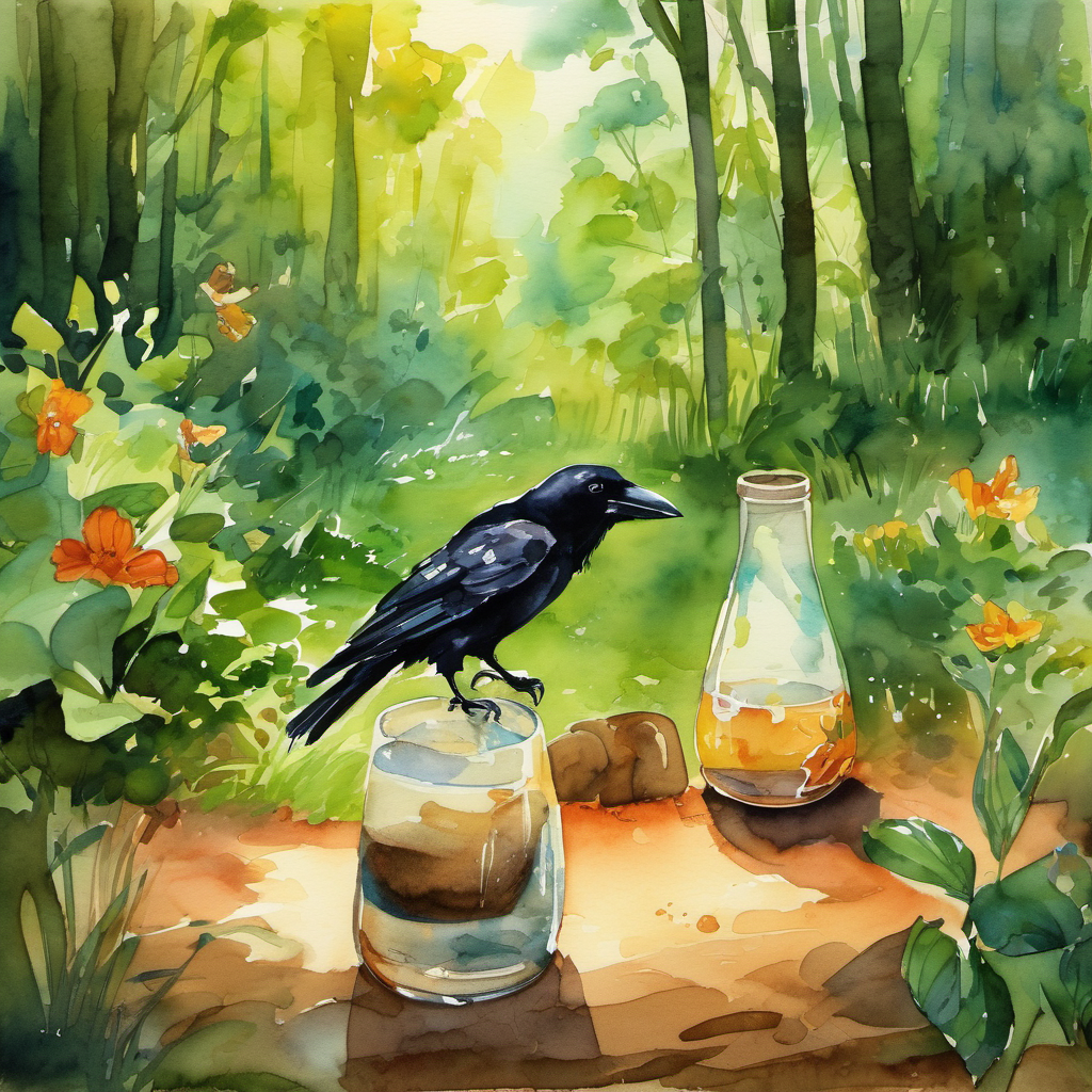 Once upon a time, in a beautiful forest, there lived a little crow named Coco. Coco was known for his mischievous adventures and his cleverness. One sunny morning, Coco woke up feeling very thirsty. He thought to himself, "Oh, I need a refreshing drink of water to start my day!"  But when Coco looked around, he couldn't find any water sources nearby. Suddenly, an idea struck Coco's little mind. He remembered seeing a magnificent pitcher in a nearby human's garden. Coco knew that the pitcher was filled with water every morning, and he thought, "Maybe I can find some water there!"