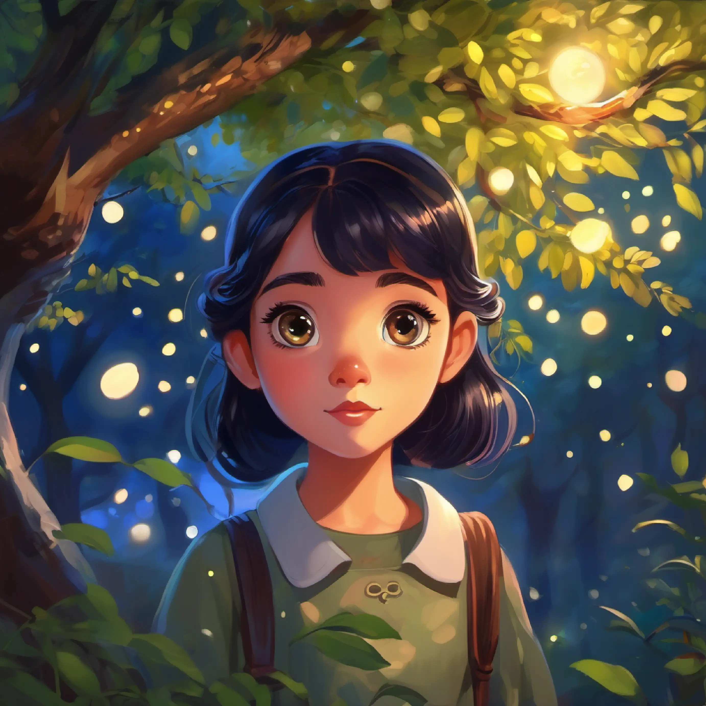 Curious girl, midnight hair, bright, sparkling eyes in Orchard, elder tree gives a task.