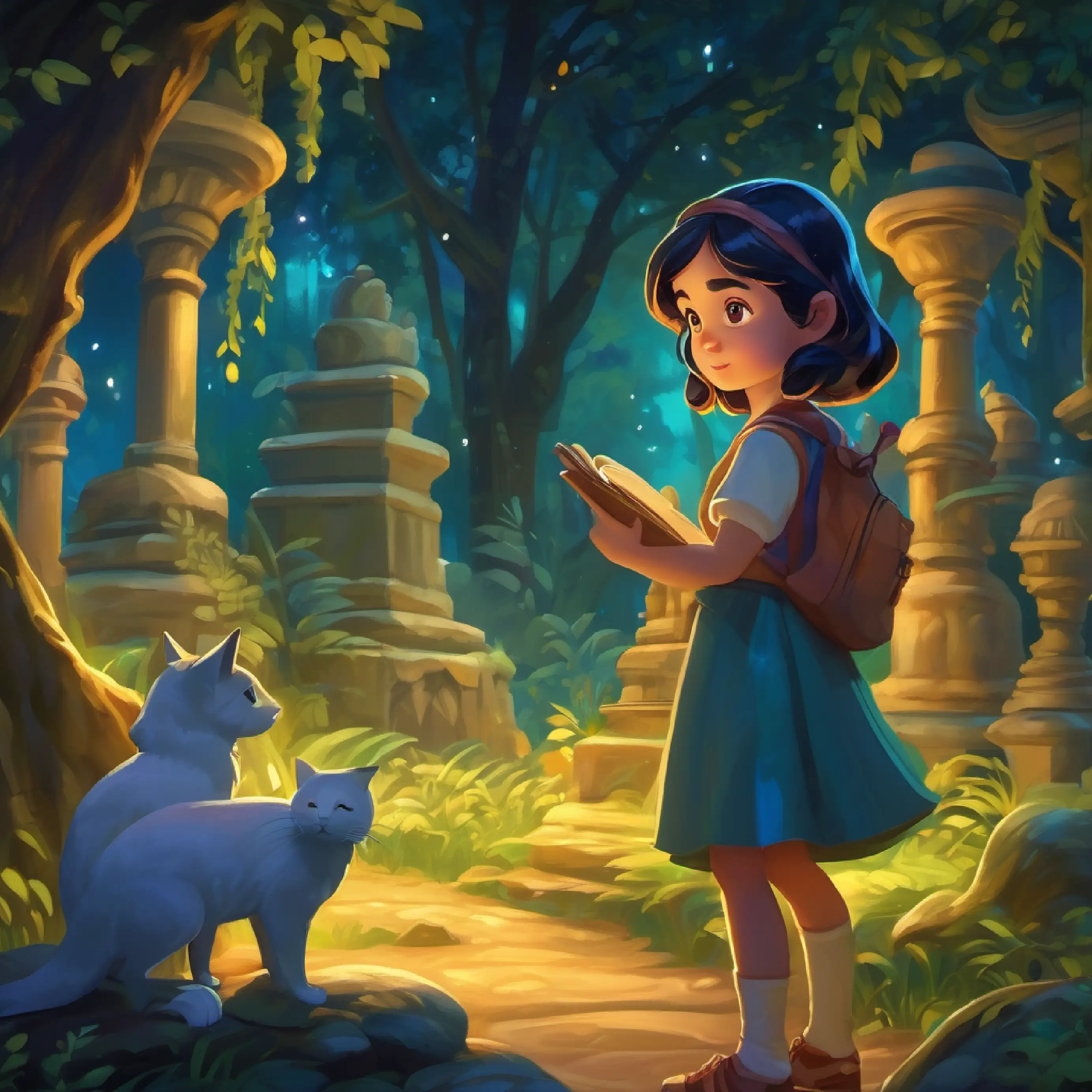 Curious girl, midnight hair, bright, sparkling eyes finds statues and scrolls in glade.