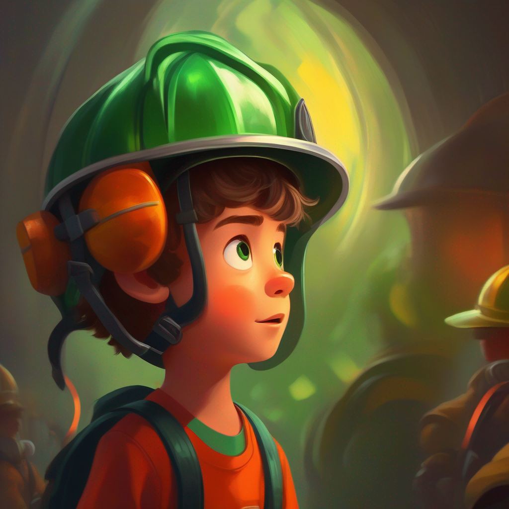Brave boy with green eyes tries on firefighter helmet and learns about special equipment