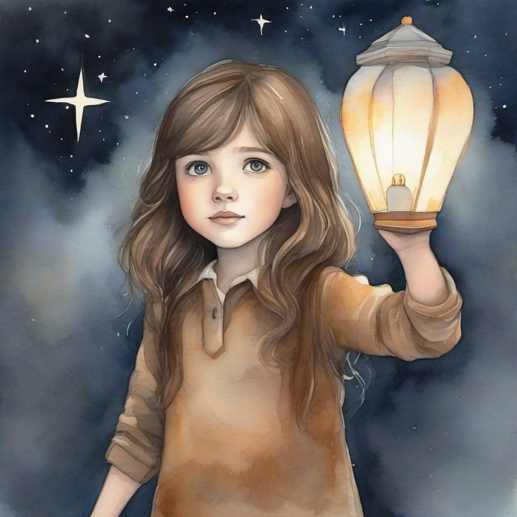 Brown-haired girl with determined and curious eyes, holding a nightlight standing outside, arms wide open, embracing the night