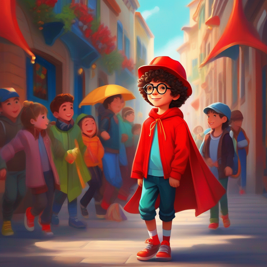 Curly-haired boy, wearing colorful clothes and glasses meeting Tall and charismatic with a bright red hat and a cape, who is confident and full of life.