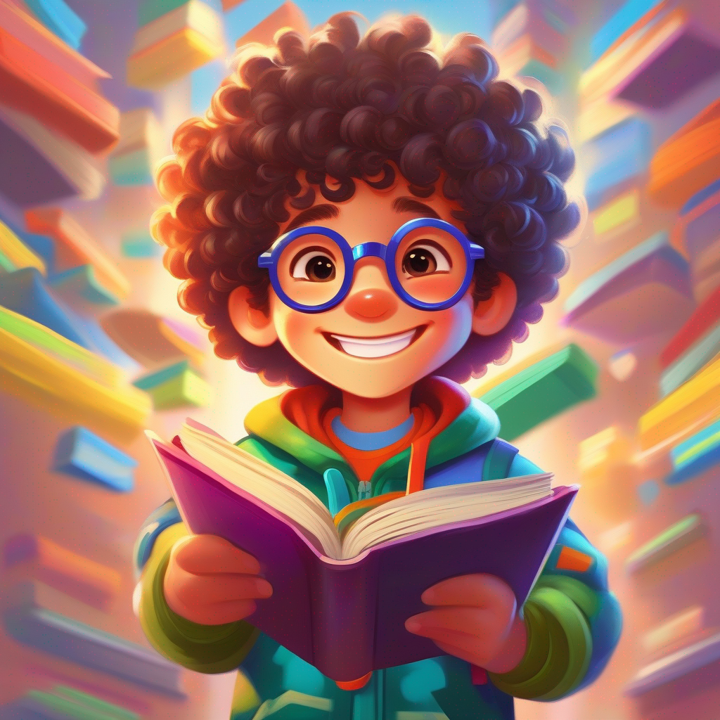 Curly-haired boy, wearing colorful clothes and glasses with a big smile, holding a book with his name on it.