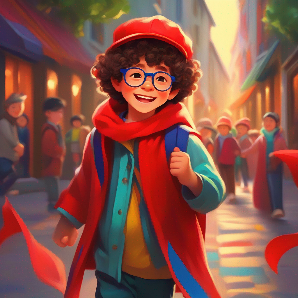 Curly-haired boy, wearing colorful clothes and glasses and Tall and charismatic with a bright red hat and a cape reuniting with joyous expressions.