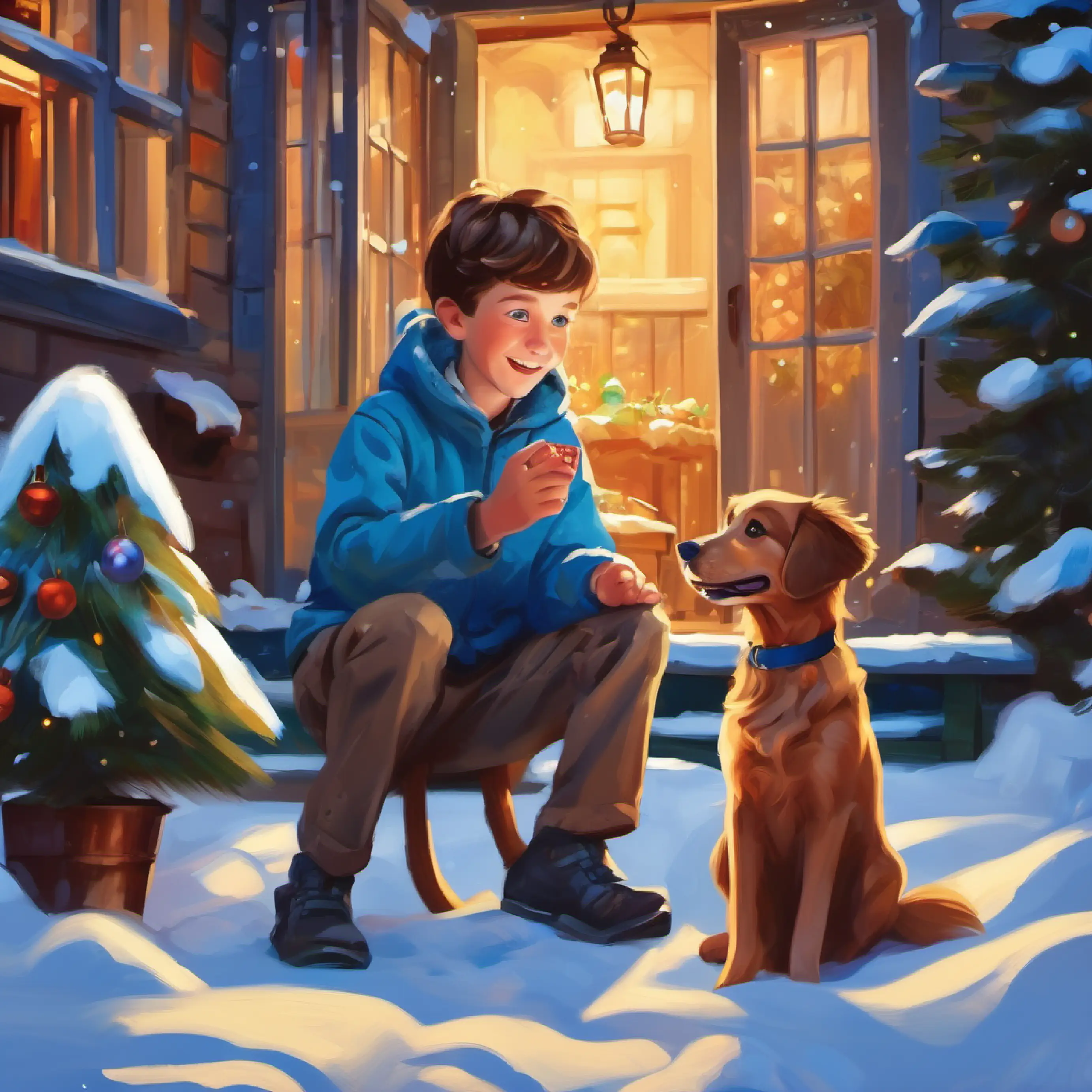 Introduction to Young boy with bright blue eyes, spirited and imaginative and talking dog Loyal dog with the secret ability to talk, cheerful and playful in the backyard