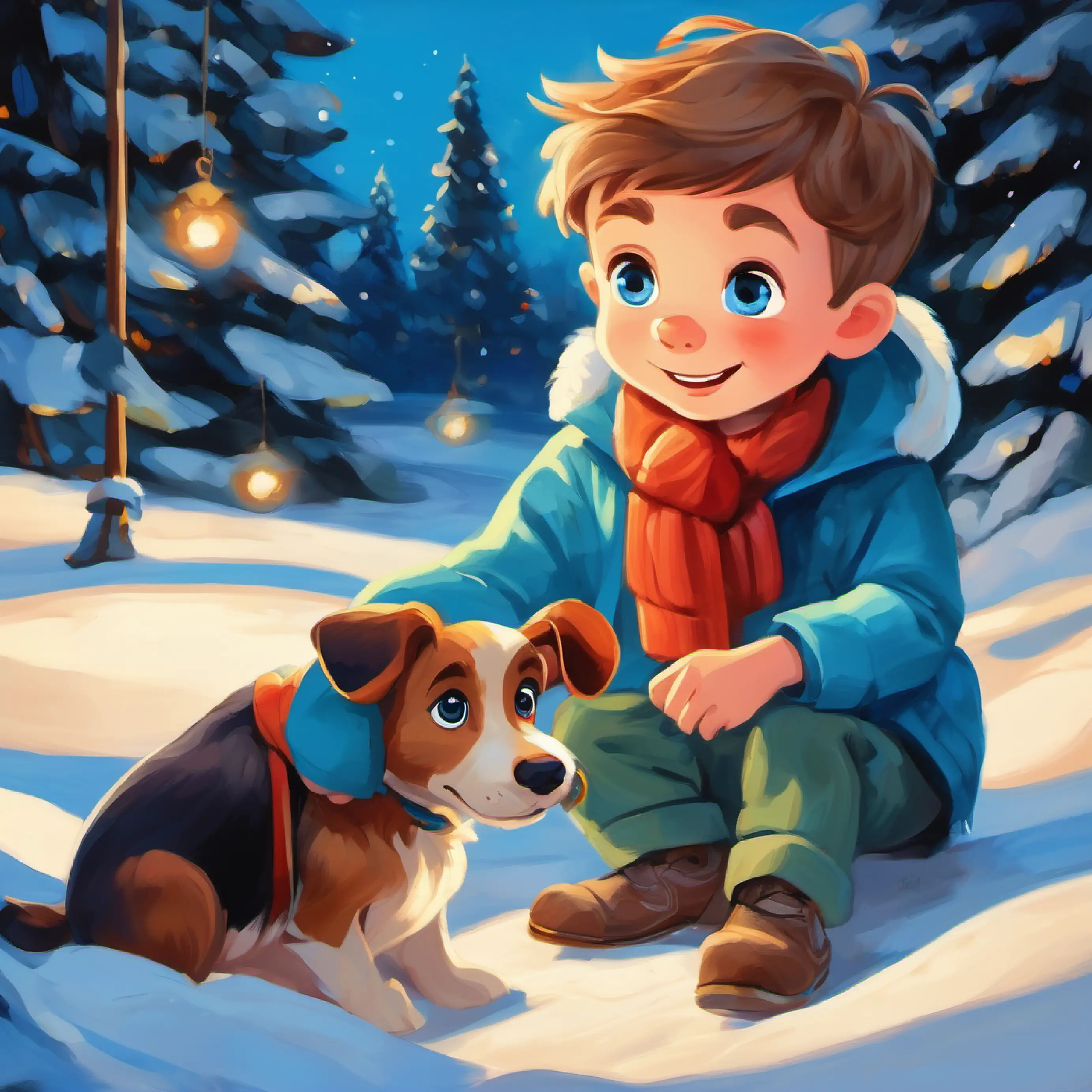 Young boy with bright blue eyes, spirited and imaginative discovers Loyal dog with the secret ability to talk, cheerful and playful can talk during play