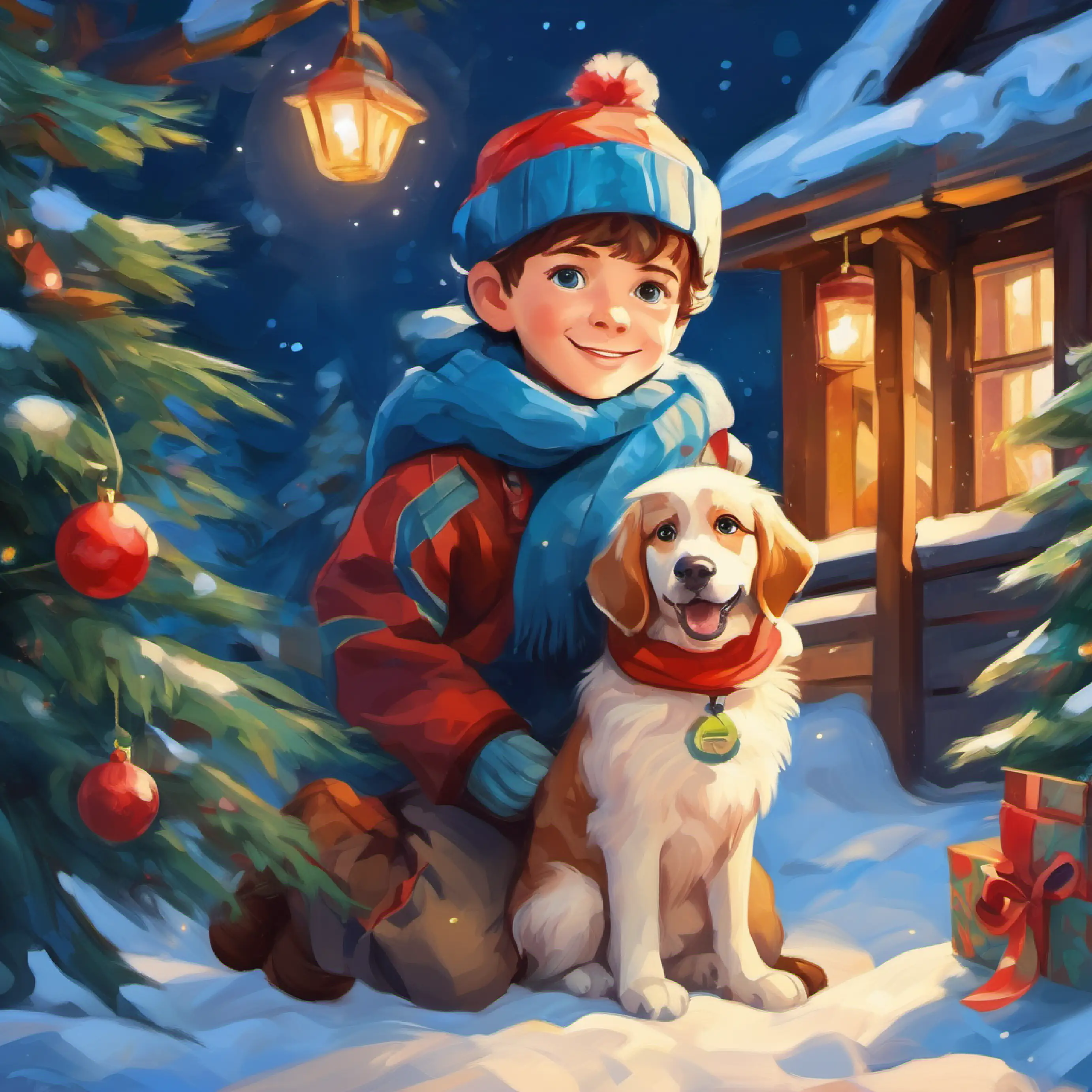 Young boy with bright blue eyes, spirited and imaginative expresses gratitude for Loyal dog with the secret ability to talk, cheerful and playful's friendship