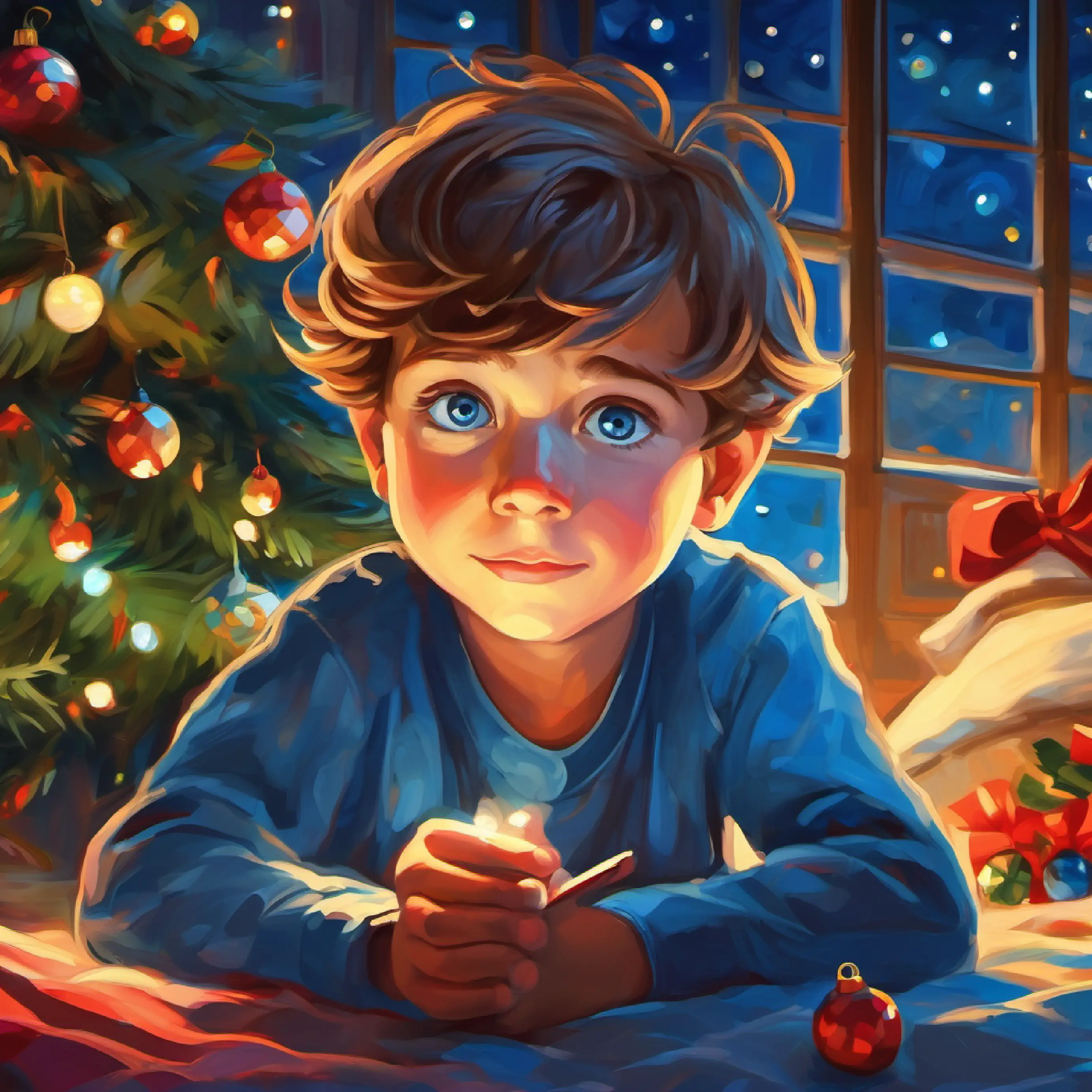Young boy with bright blue eyes, spirited and imaginative reflects on trust and friendship before bedtime