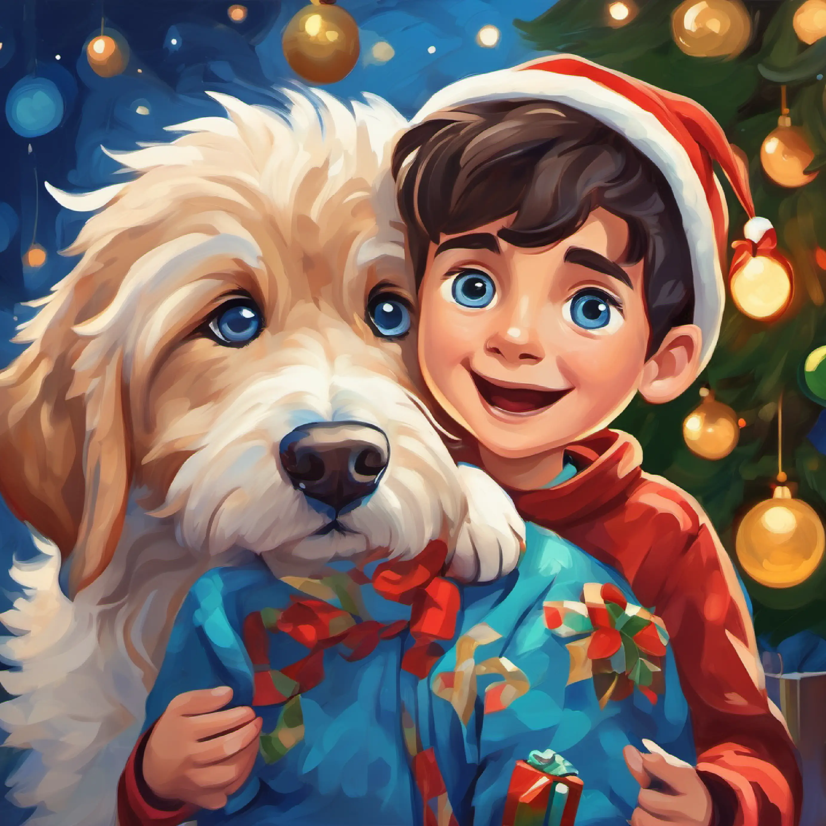 Loyal dog with the secret ability to talk, cheerful and playful asks Young boy with bright blue eyes, spirited and imaginative to keep his talking a secret