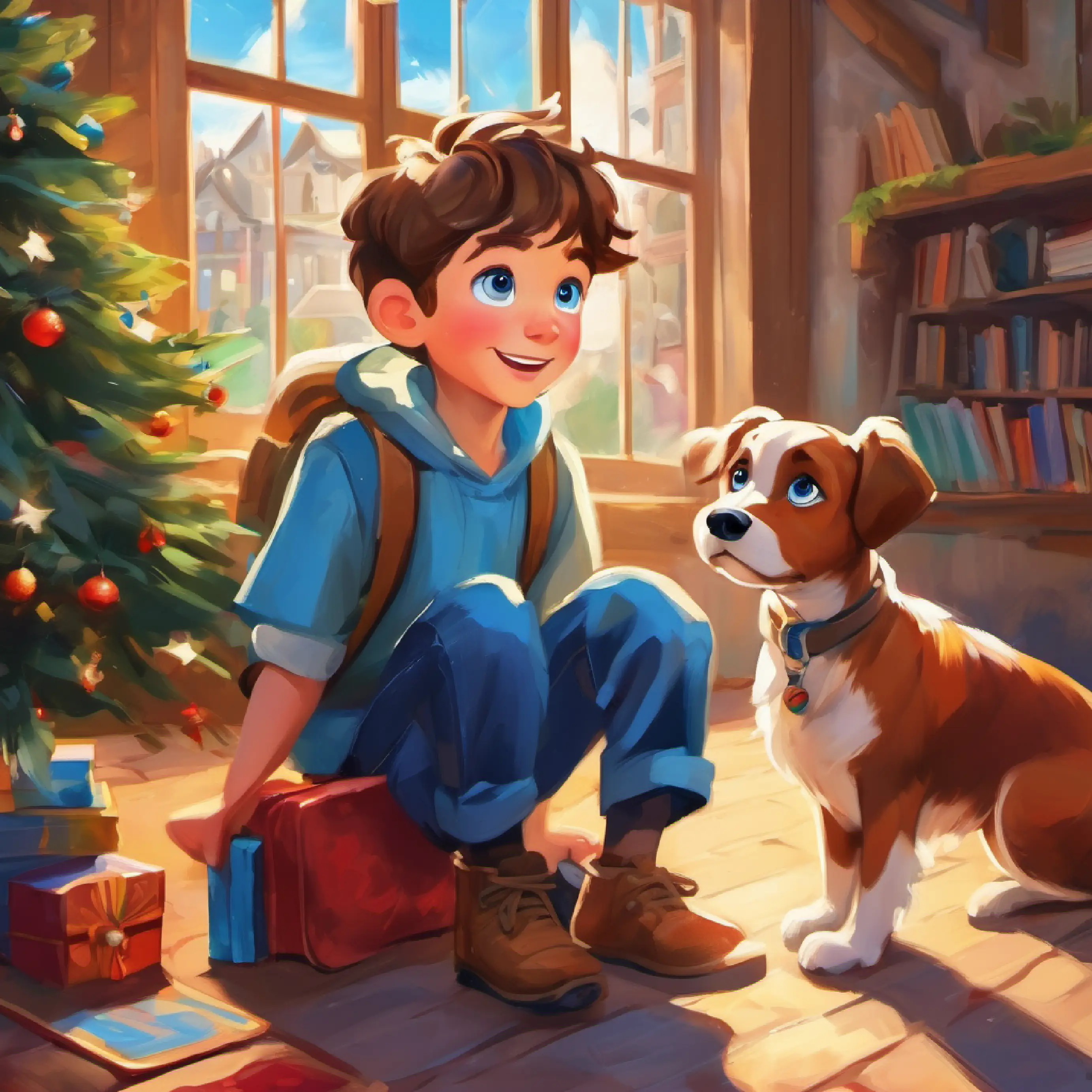 Young boy with bright blue eyes, spirited and imaginative is distracted at school, eager to talk to Loyal dog with the secret ability to talk, cheerful and playful