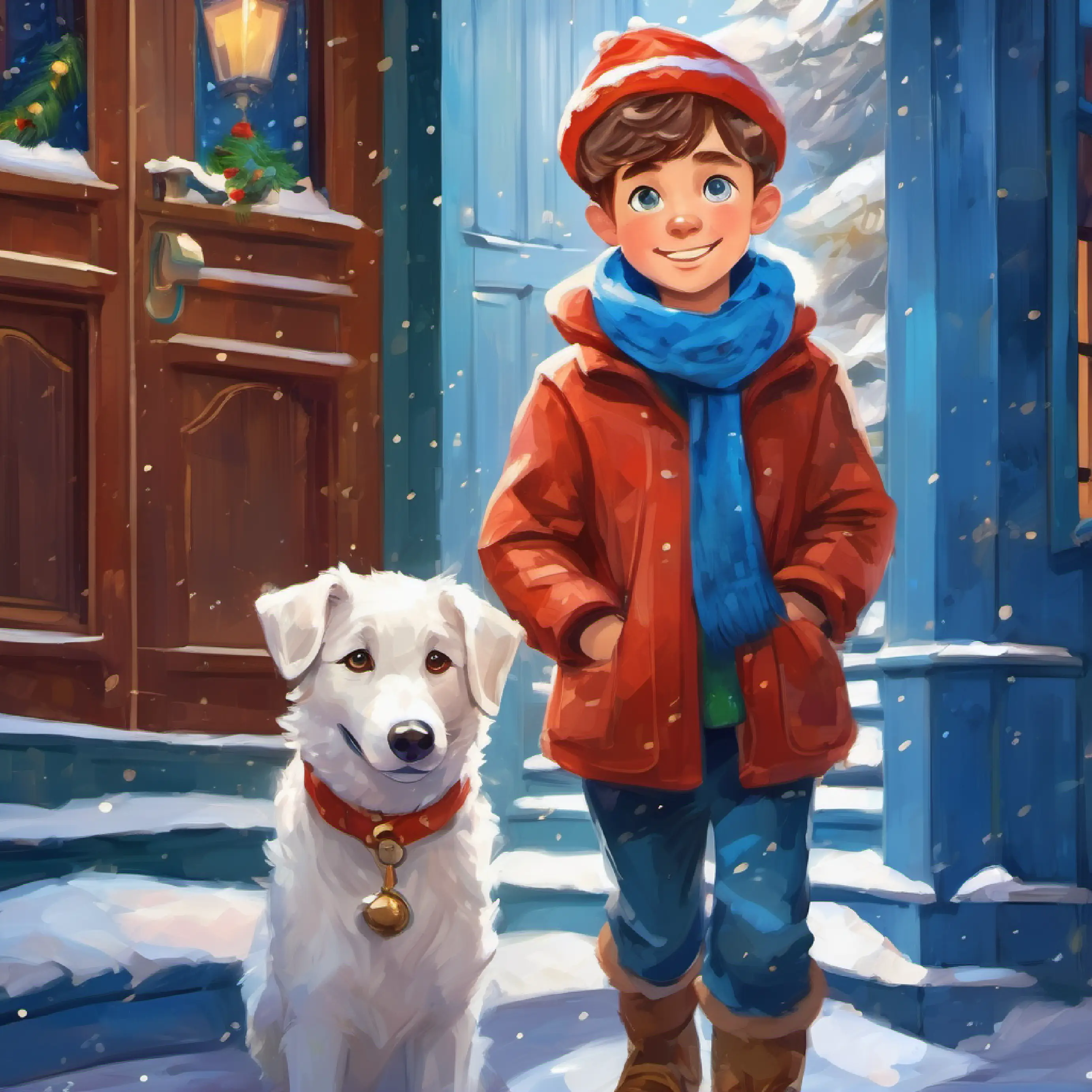 Young boy with bright blue eyes, spirited and imaginative returns home eager to talk with Loyal dog with the secret ability to talk, cheerful and playful