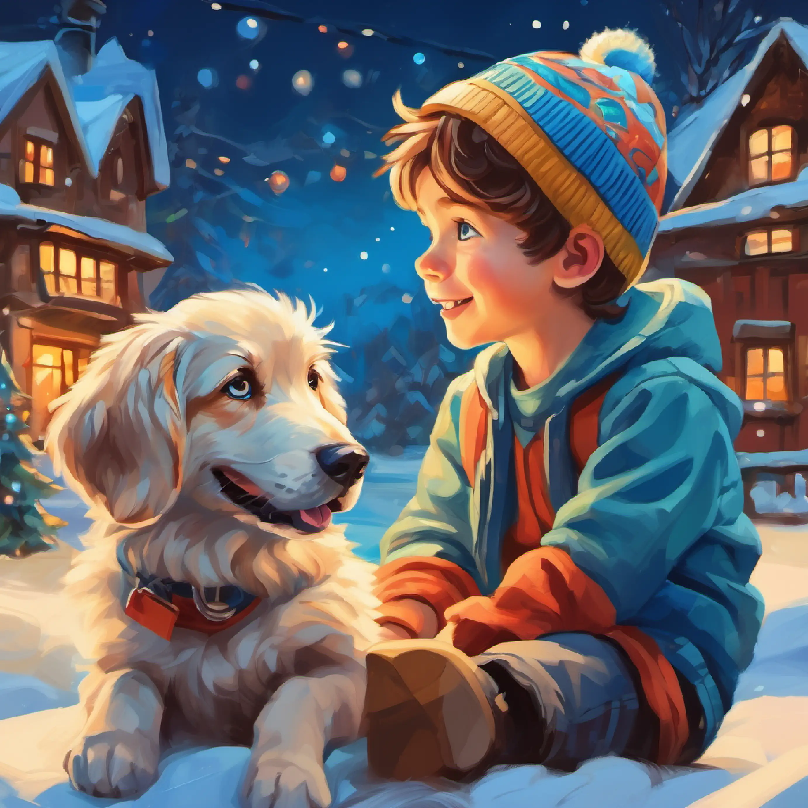 Young boy with bright blue eyes, spirited and imaginative and Loyal dog with the secret ability to talk, cheerful and playful share imaginary adventures together