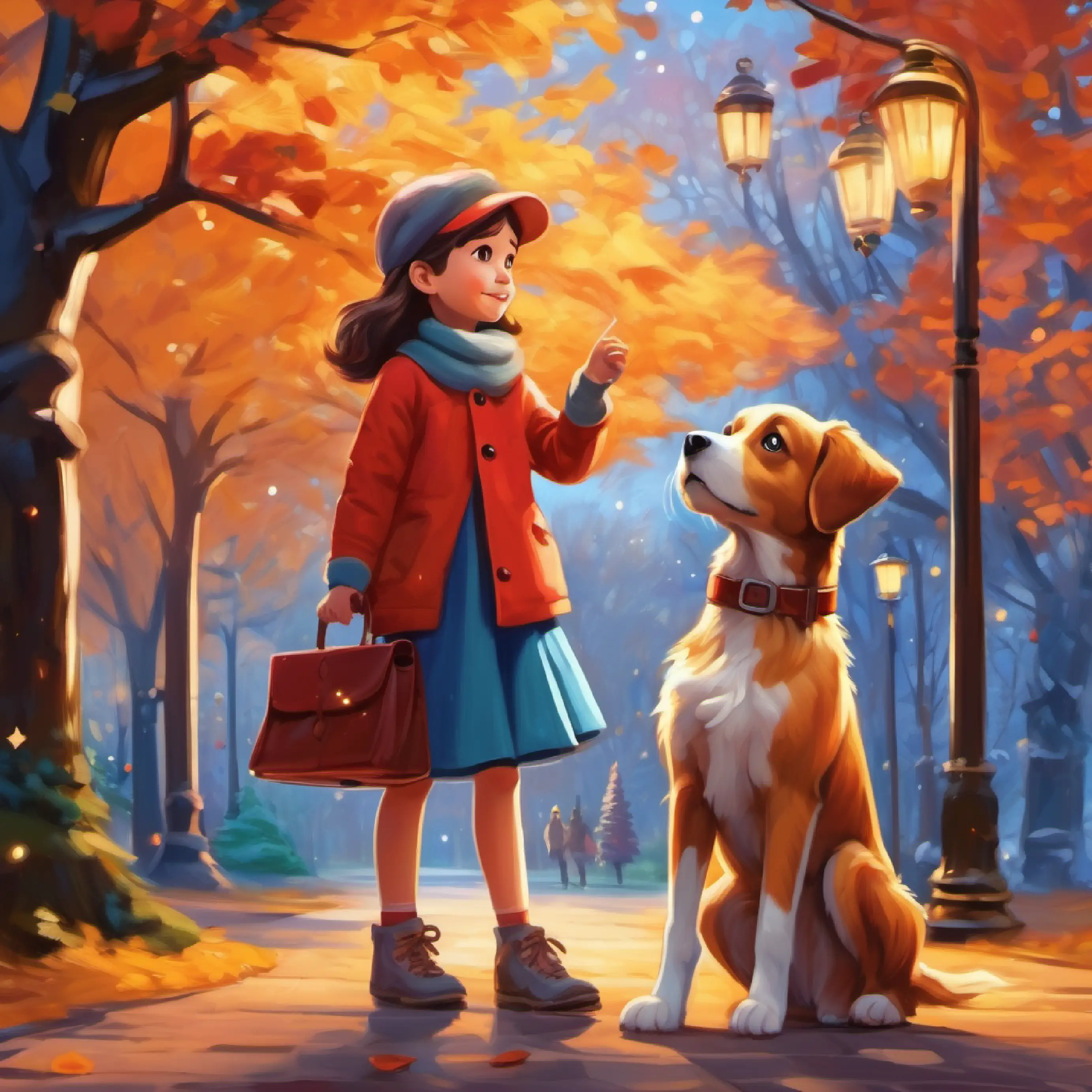 Curious girl with wonder in her eyes, Benny's adventurous friend overhears Loyal dog with the secret ability to talk, cheerful and playful talking at the park