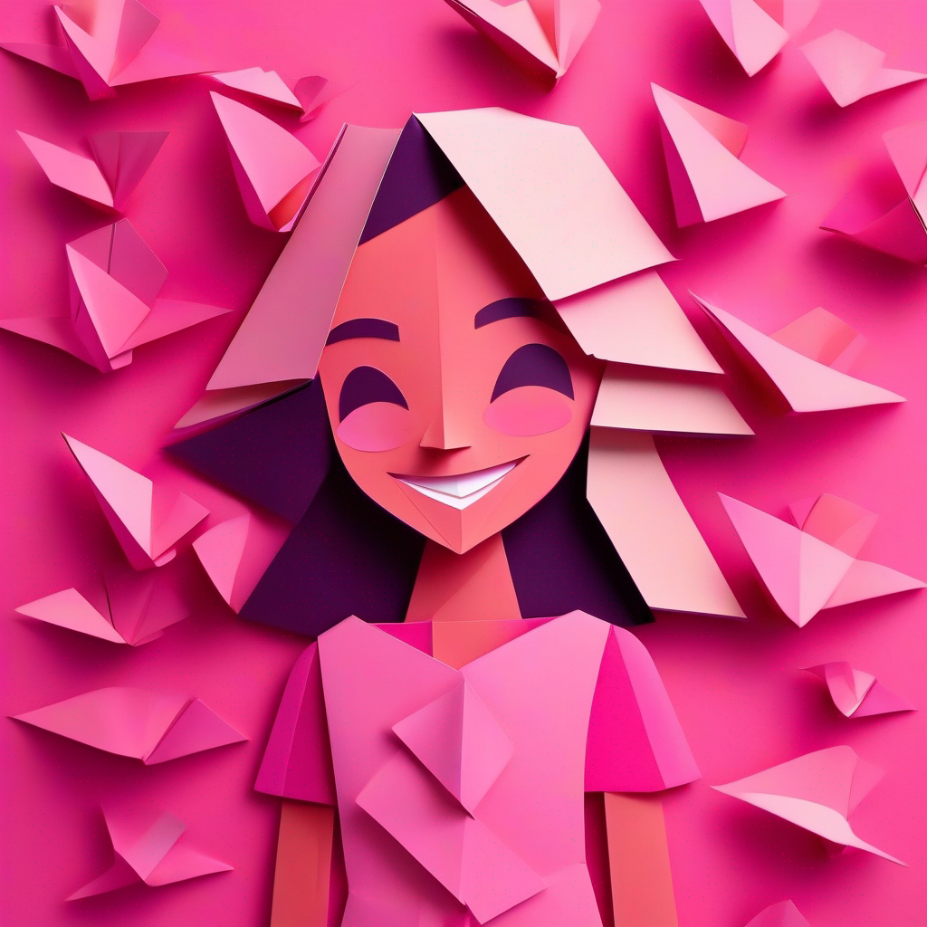 Cheerful girl with pink dress and a big smile reflecting, positive communication, strong relationships, promise