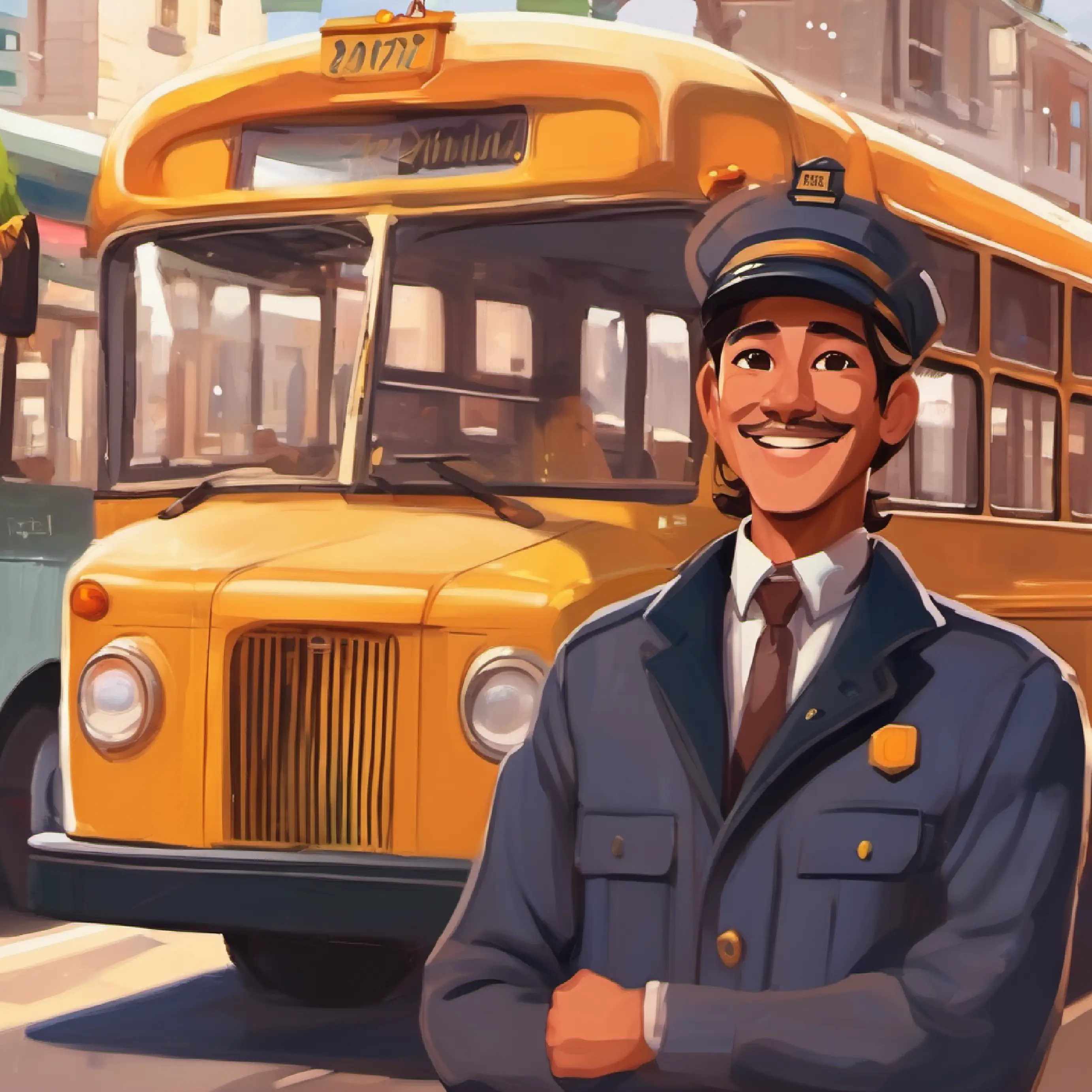 Introducing Warm smile, tan skin, brown eyes, bus driver cap, the friendly bus driver.