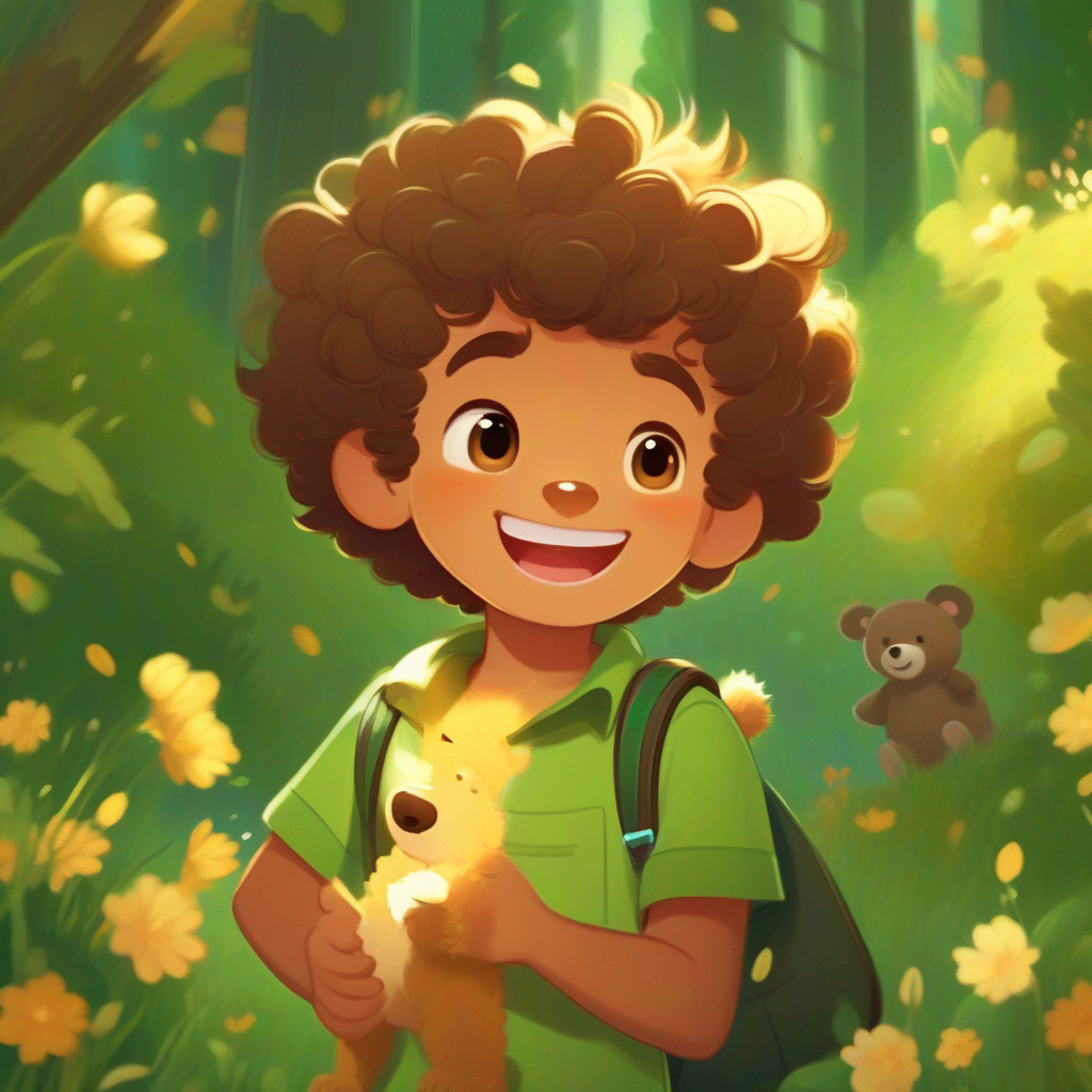 Curly-haired boy wearing a green shirt and a mischievous smile, Playful bear with soft brown fur and twinkling eyes, and Charming bear with golden fur and a confident swagger smiling while exploring Bloomville
