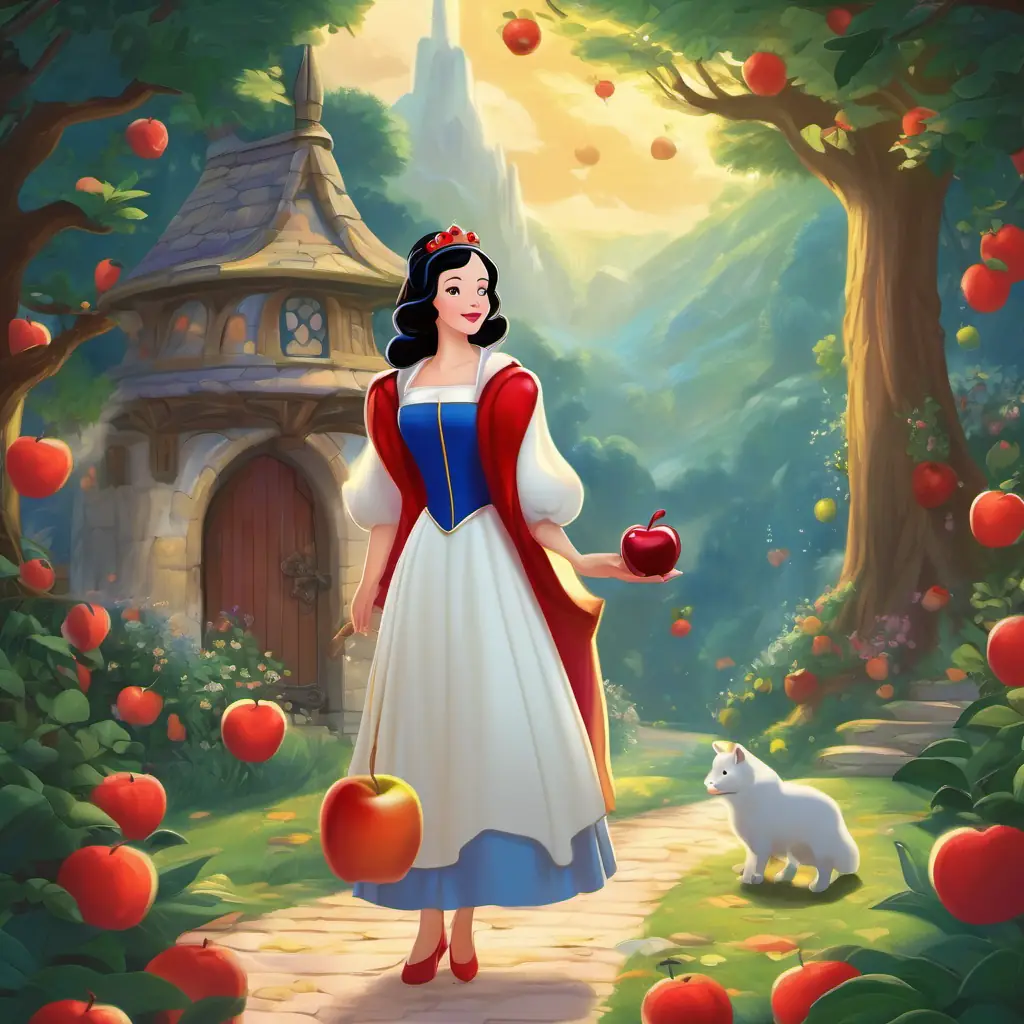 The story begins in a magical kingdom where Snow White lives. Snow White is described as a beautiful princess loved by everyone. The Queen, who is jealous of Snow White, disguises herself as an old woman and offers her a poisoned apple.