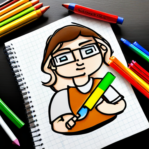 Brown hair, glasses, holding pencil and colorful markers. showing Blonde hair, glasses, holding sketchbook and colorful markers. how to use colorful markers on his drawing
