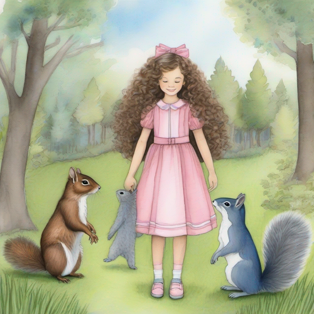 Curly brown hair, pink dress and Gray fur, blue wings meeting Mrs. Roberts and helping a squirrel