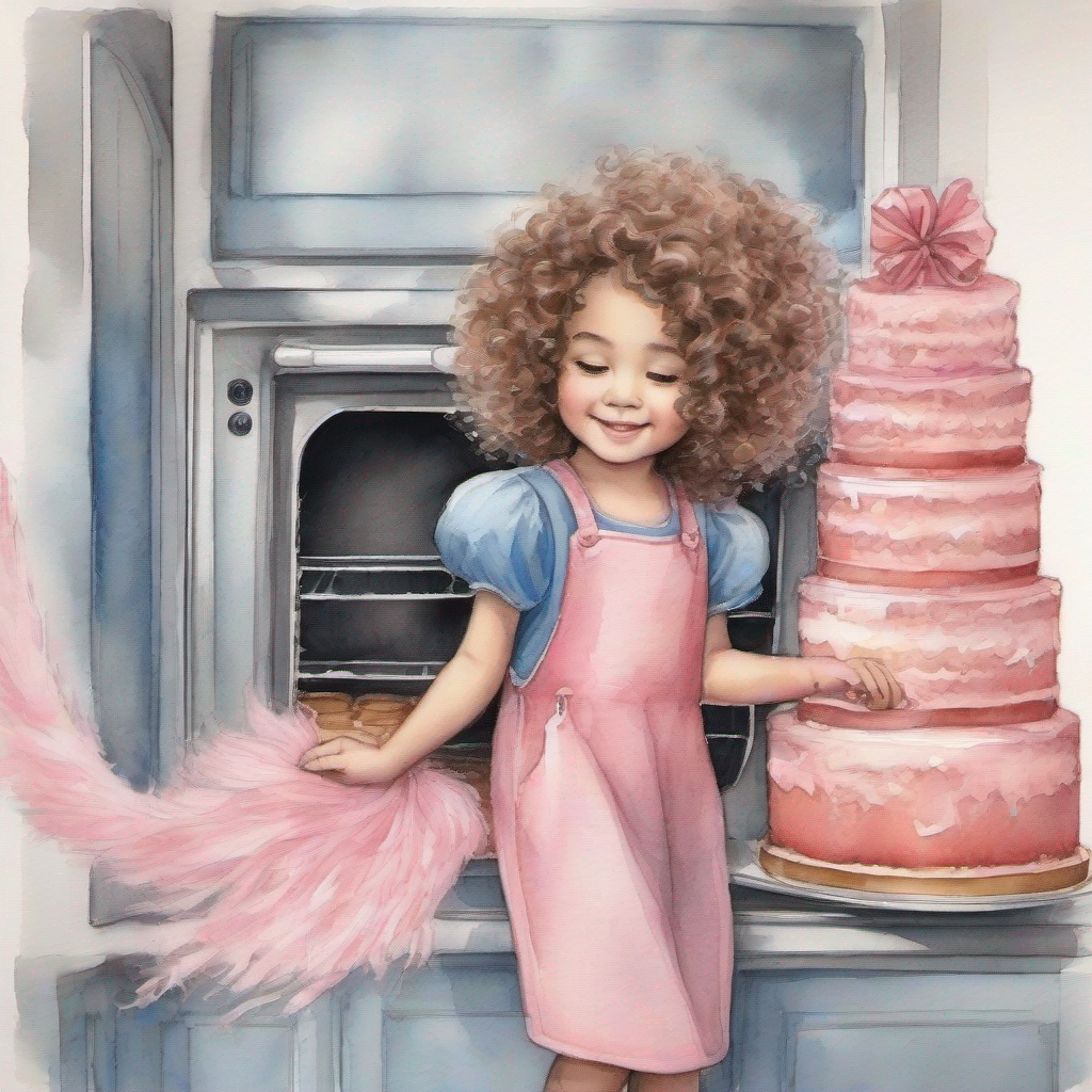 Curly brown hair, pink dress and Gray fur, blue wings putting the cake in the oven