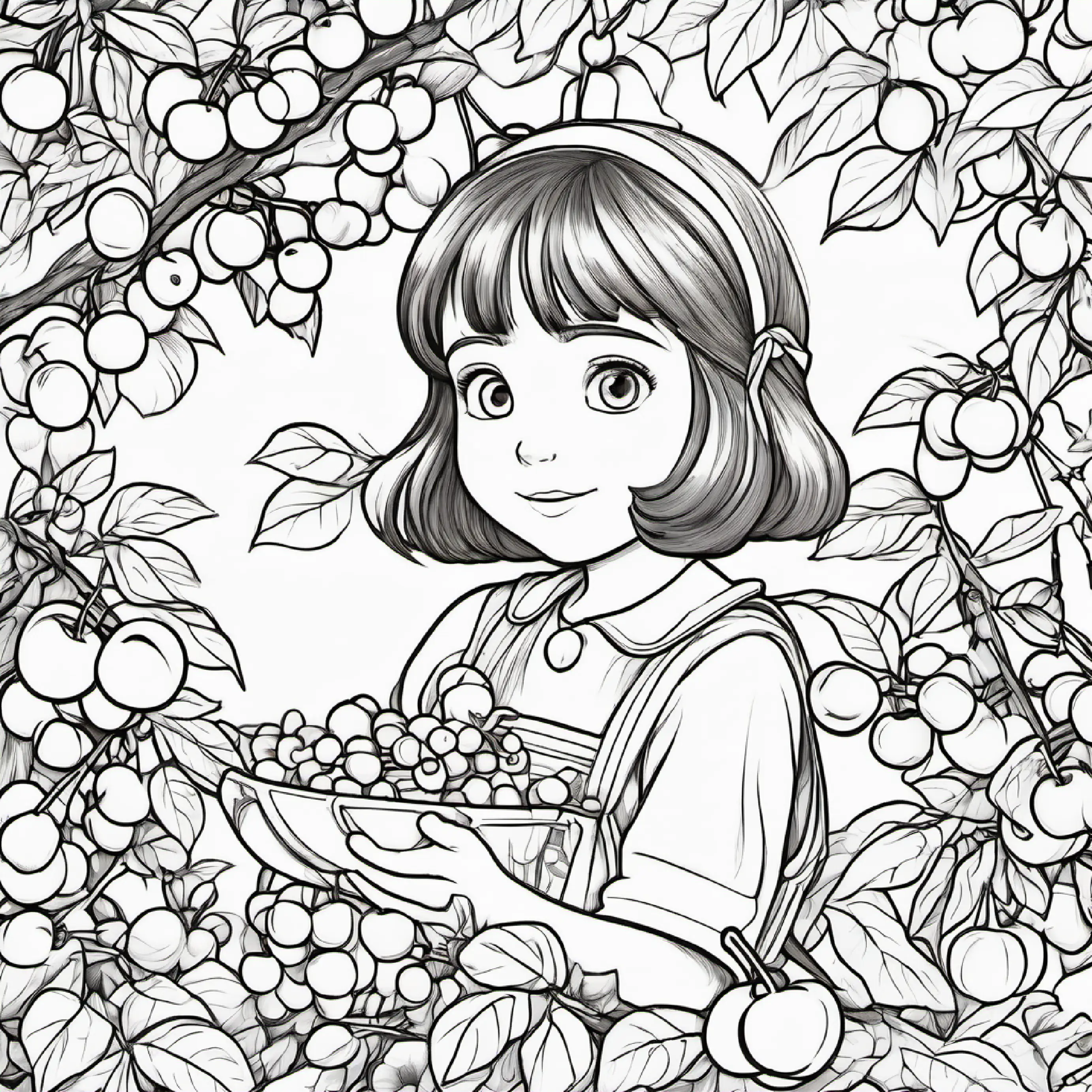 Young girl with brown hair and bright blue eyes solves Lush cherry bush with red fruit and a playful demeanor's cherry puzzle.