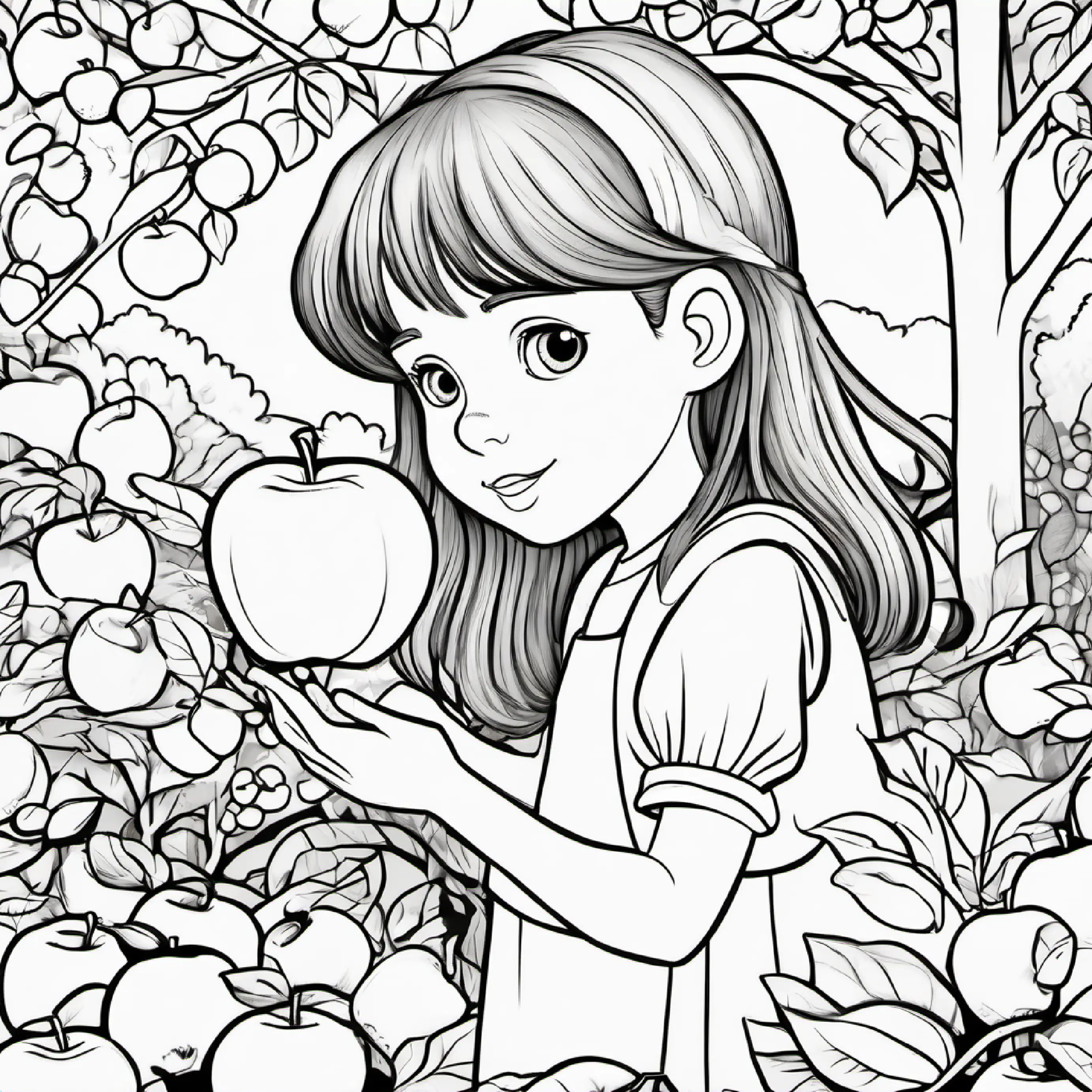 Young girl with brown hair and bright blue eyes counts and finds seven apples.