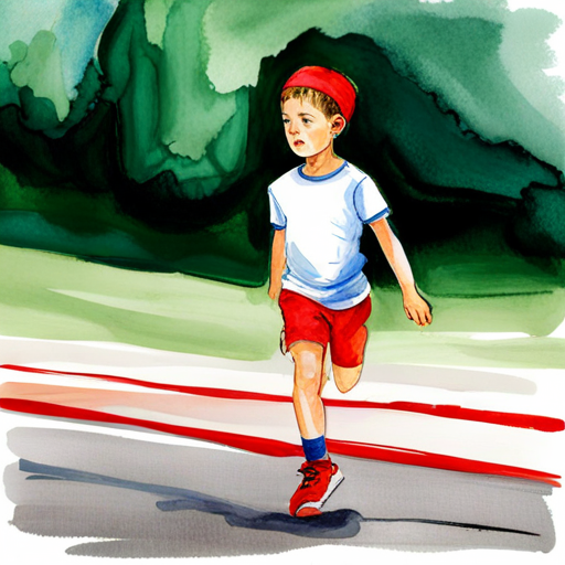 A boy with red running shoes, wearing a blue headband imagining himself at the finish line, alone and sad