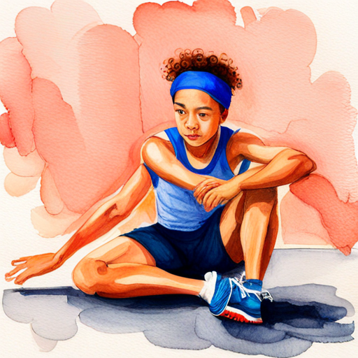 A boy with red running shoes, wearing a blue headband wearing running shoes and stretching before a run