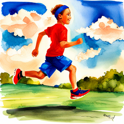 A boy with red running shoes, wearing a blue headband running with determination and a big smile