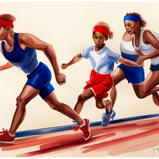 A boy with red running shoes, wearing a blue headband overtaking other runners with a look of determination