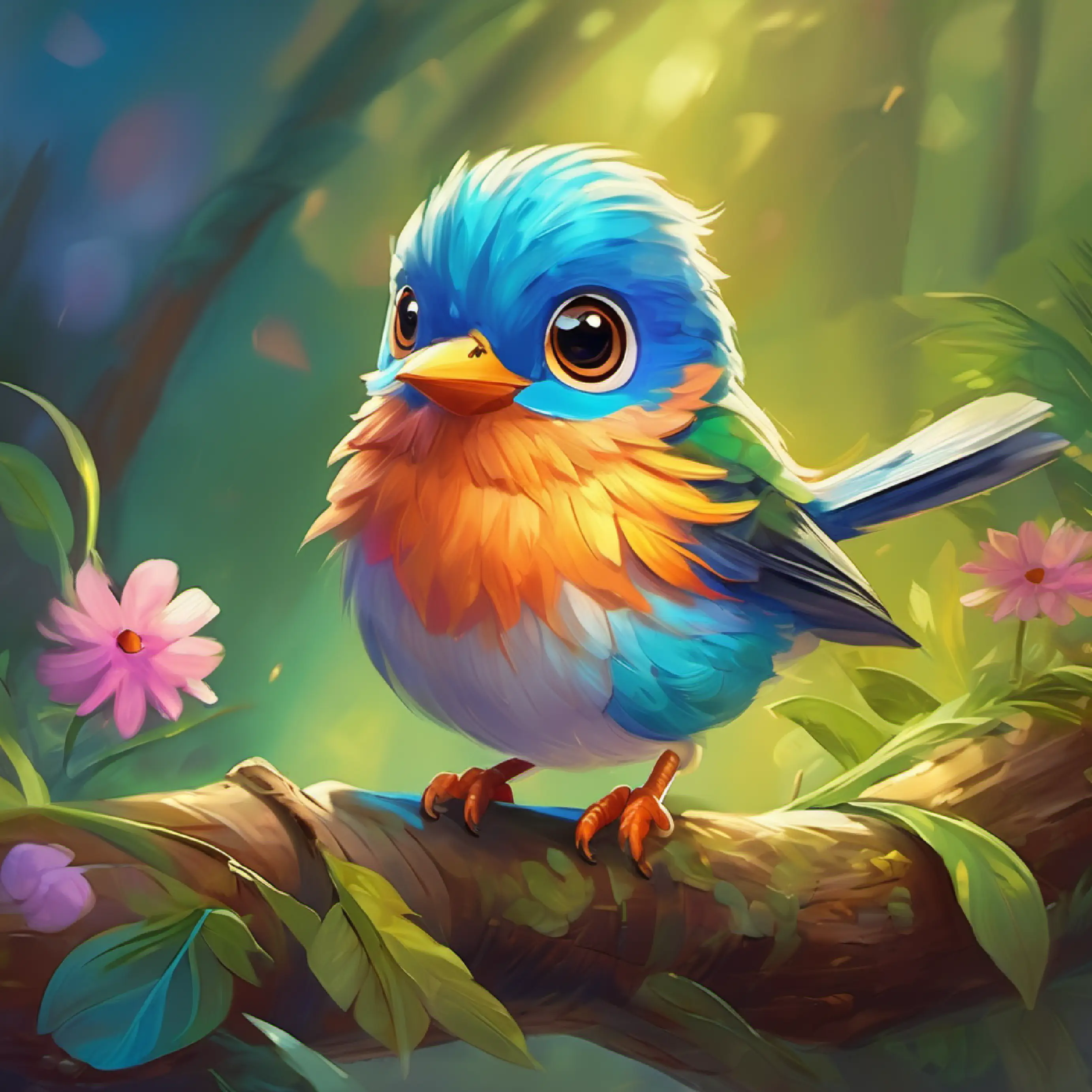 A small cheerful bird with bright feathers and curious eyes offers friendship, suggests sharing an adventure.