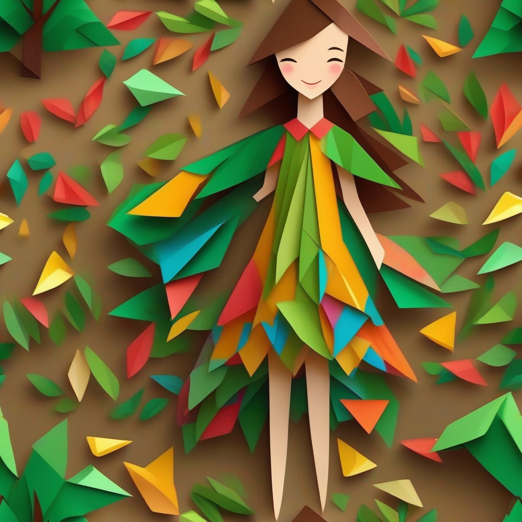 Happy girl with brown hair, wearing a colorful dress standing beside a tall tree with green leaves