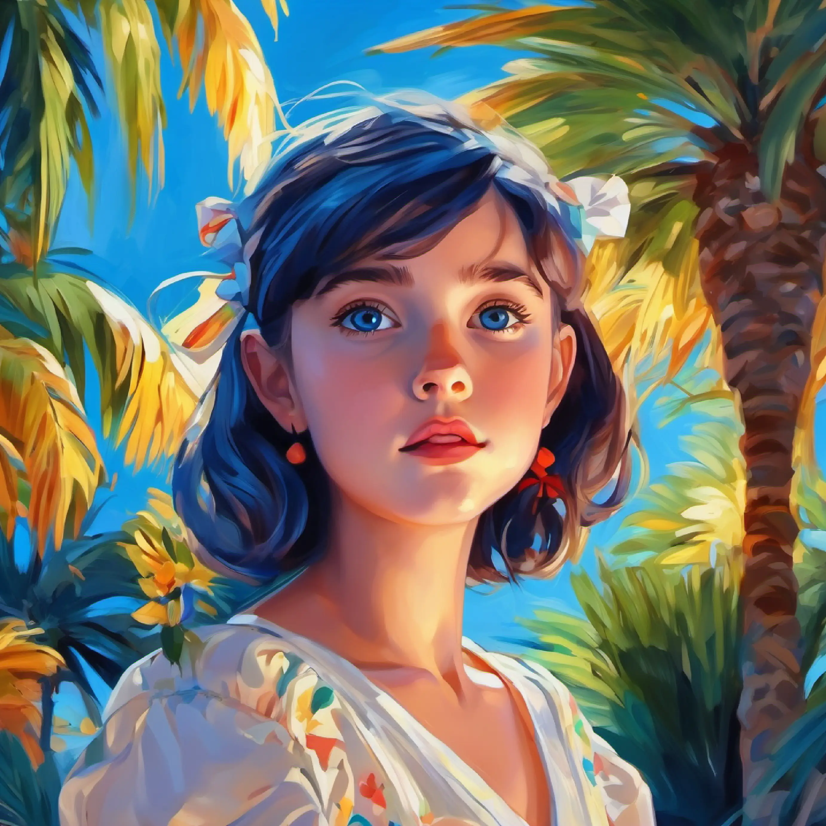 Girl's lullaby, palm trees sway, Curious girl, fair skin, deep blue eyes, always daydreaming feels embraced.