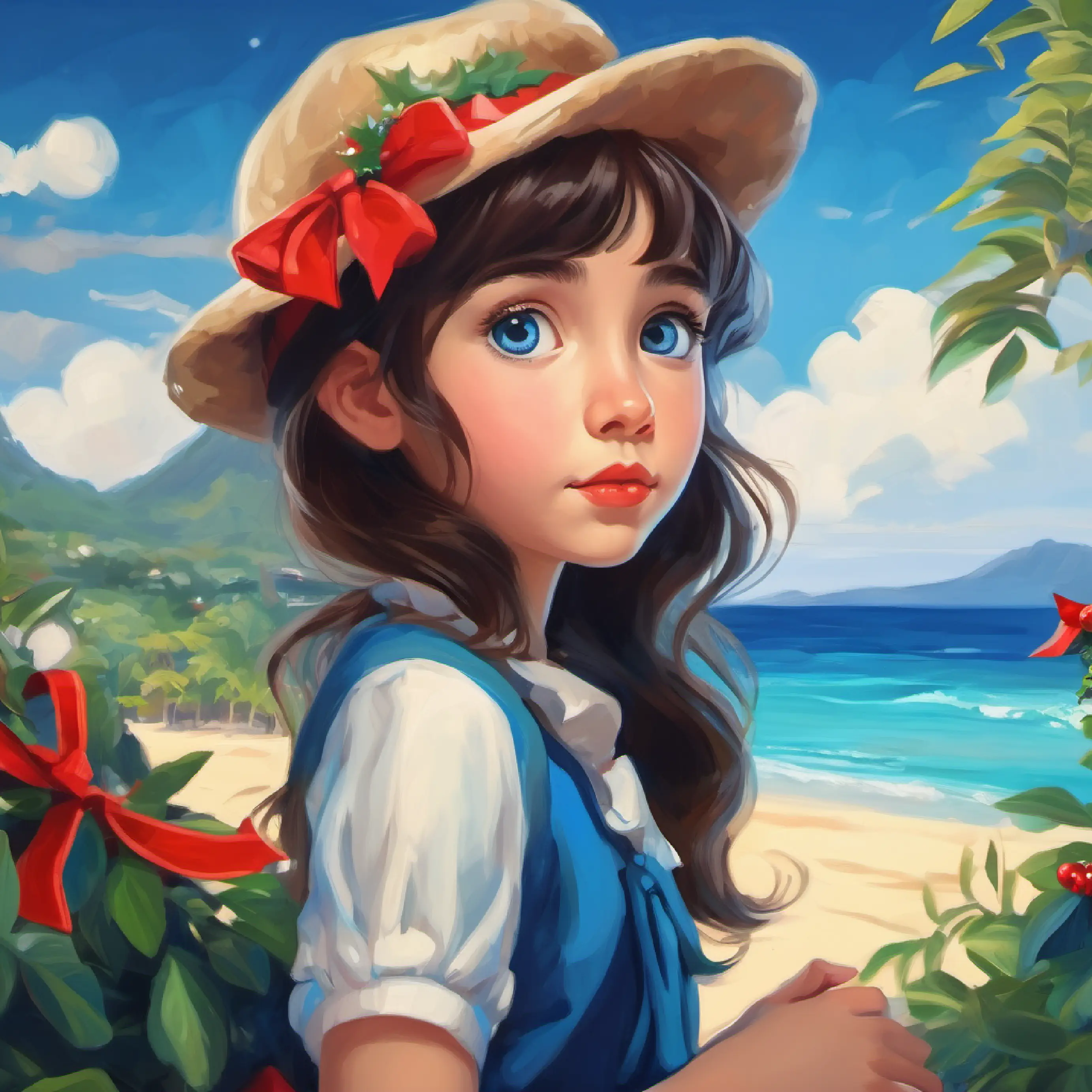 Curious girl, fair skin, deep blue eyes, always daydreaming inquires, seeking knowledge of the island's magic.