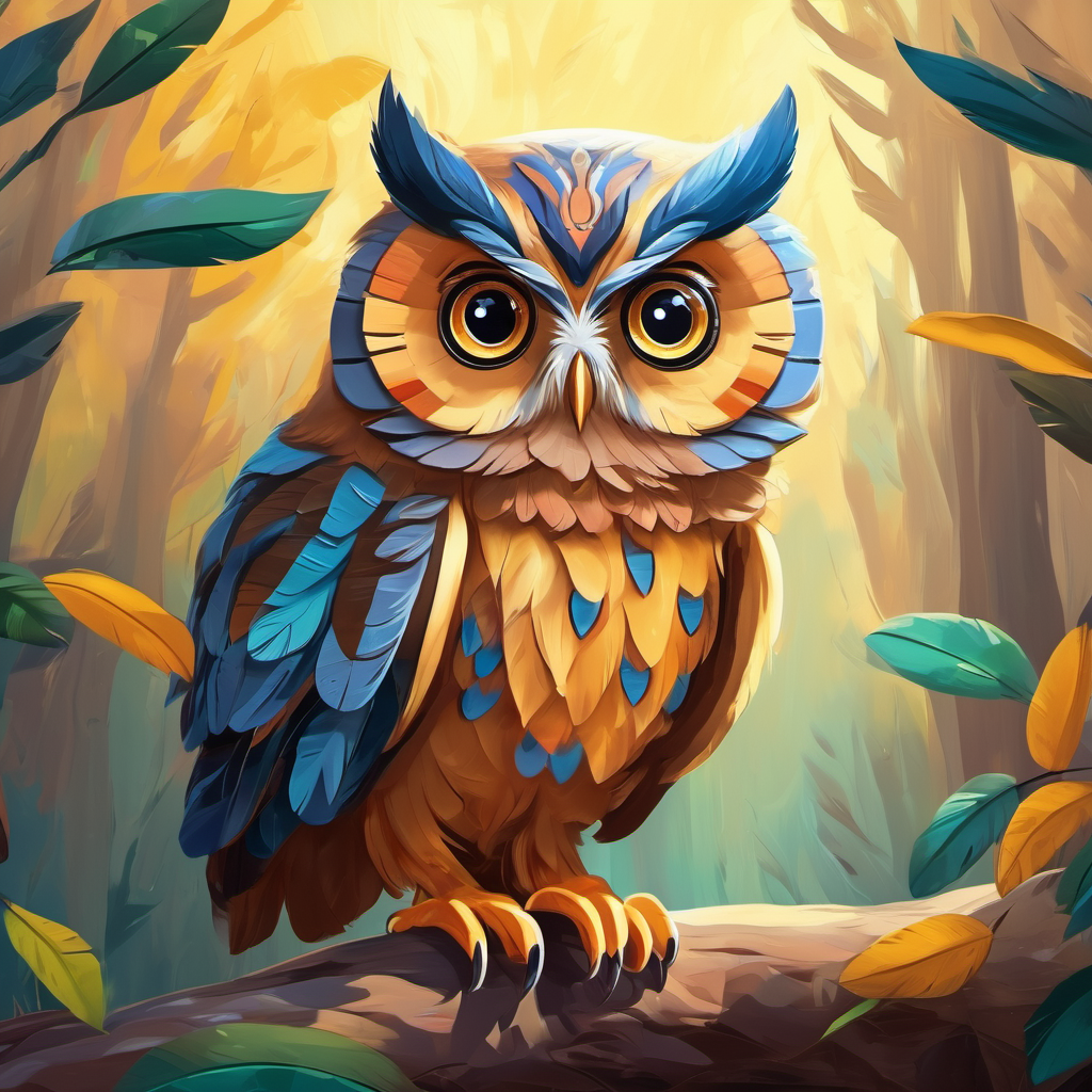 Wise owl with big eyes and feathers