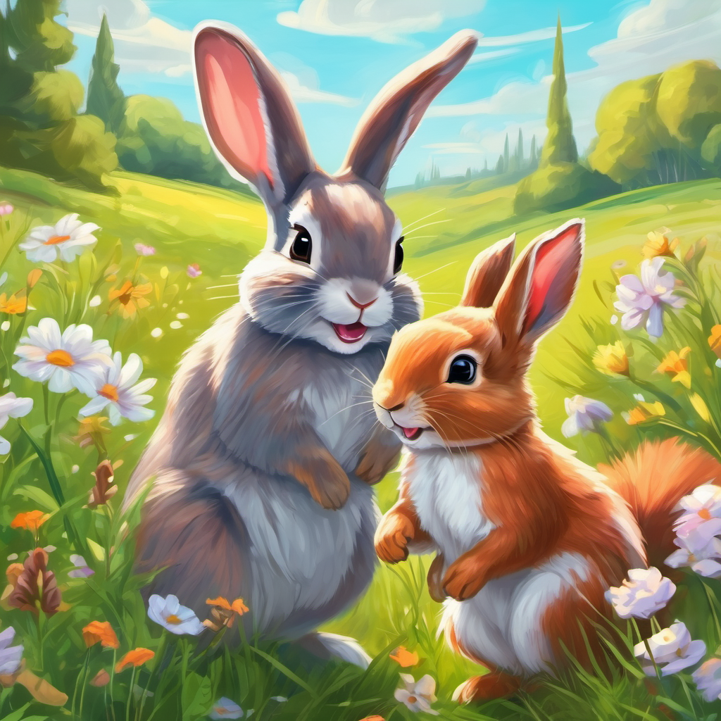 Curious bunny with inquisitive eyes and floppy ears bunny and squirrel laughing in a blooming meadow