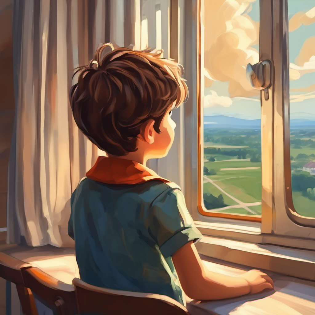 Curious little boy with messy brown hair looking out of the window at a plane taking off