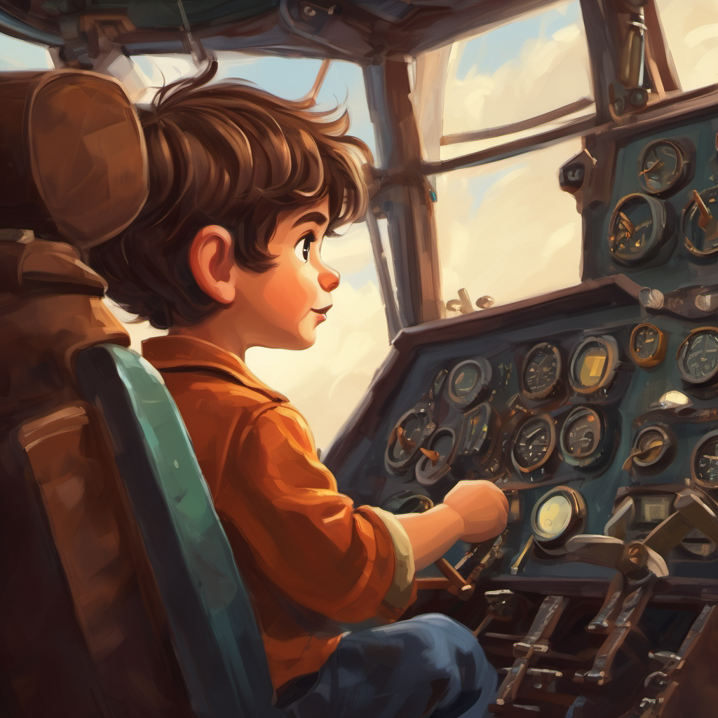 Curious little boy with messy brown hair looking at the control yoke in the cockpit  tail 
