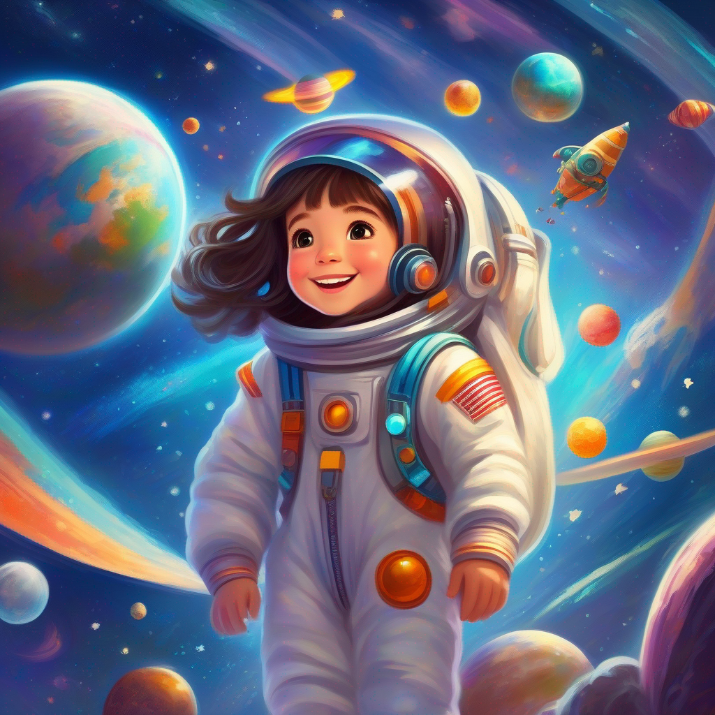 Curious girl in a spacesuit, with a smile and sparkly eyes. flying back to Earth with a happy smile, surrounded by images of different planets.