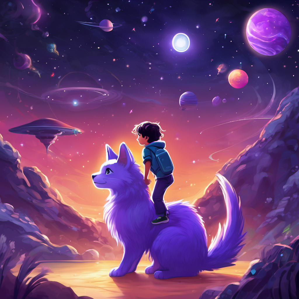 Continuing on their journey through space, Alex and Zinx explored distant galaxies and discovered new worlds teeming with alien creatures, each more fascinating than the last. They made friends with a furry purple creature who loved to dance and a gentle, winged creature that sang melodies that filled their hearts with joy. After countless adventures, it was time to return home. Following the magical compass, Alex and Zinx descended back to Earth, landing gently in Alex's room. They said their goodbyes, promising to remain friends forever.